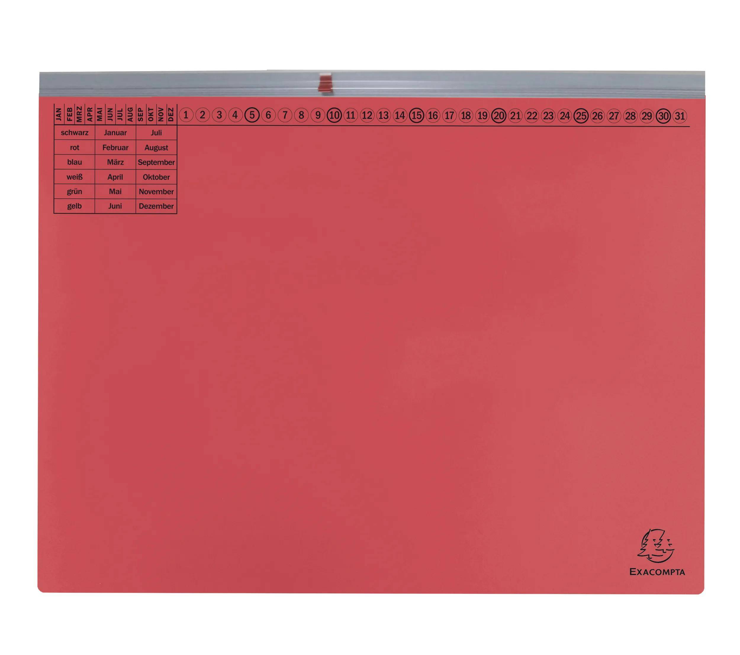 Ein rotes Schreibtischpad mit einer Kalenderkopfzeile, auf der die Tage 1 bis 31 zur Aufgabenorganisation angezeigt werden. Die aufgelisteten Monate sind 'Januar', 'Februar', 'März'.