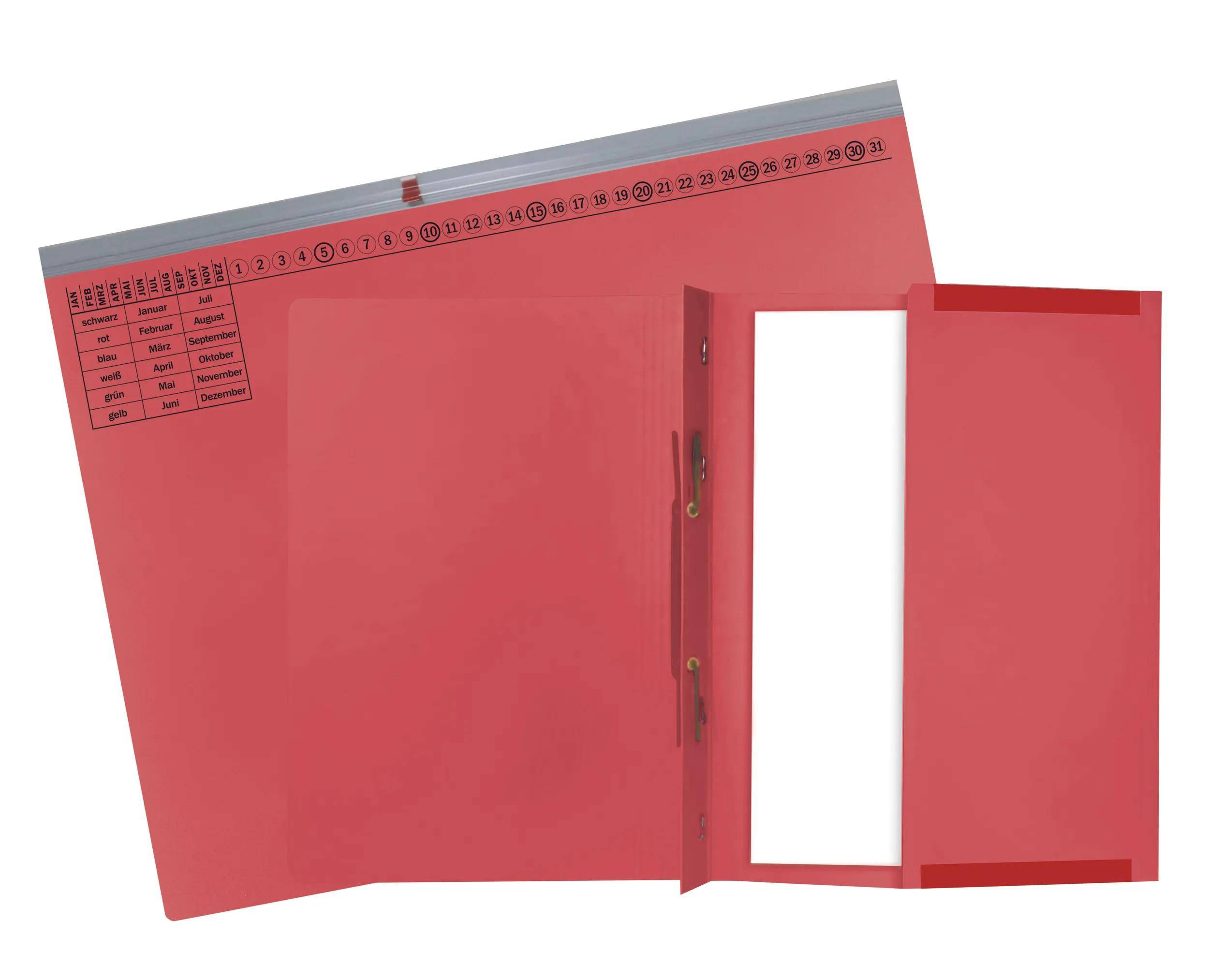 Ein roter Ordner mit transparenter Abdeckung, Metallklammern und vorgedruckten Registerreitern mit Datumsangaben für die Organisierung.