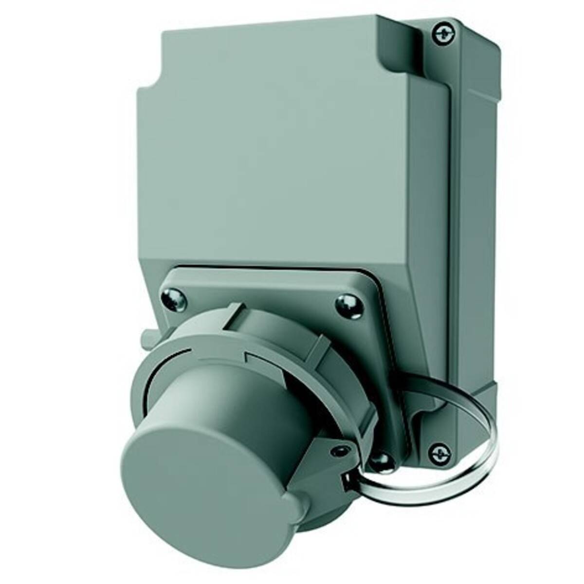 Industrieller Elektrostecker oder Stecker mit rundem Schutzkugelkopf, in Großaufnahme vor weißem Hintergrund dargestellt.