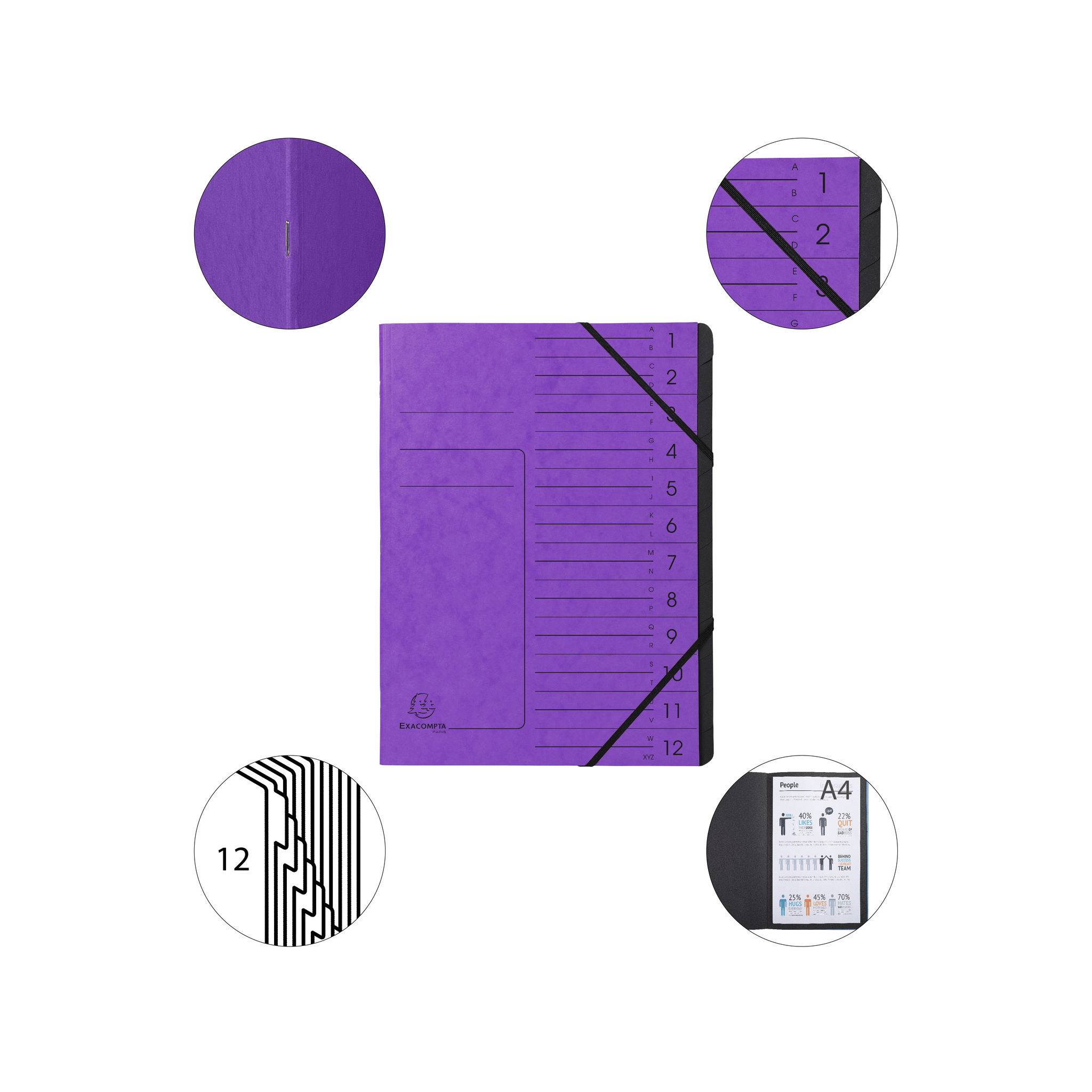Exacompta 10x Ordnungsmappe +Gummizug innen schwarz 12 Fächer A4 Violett 541208E