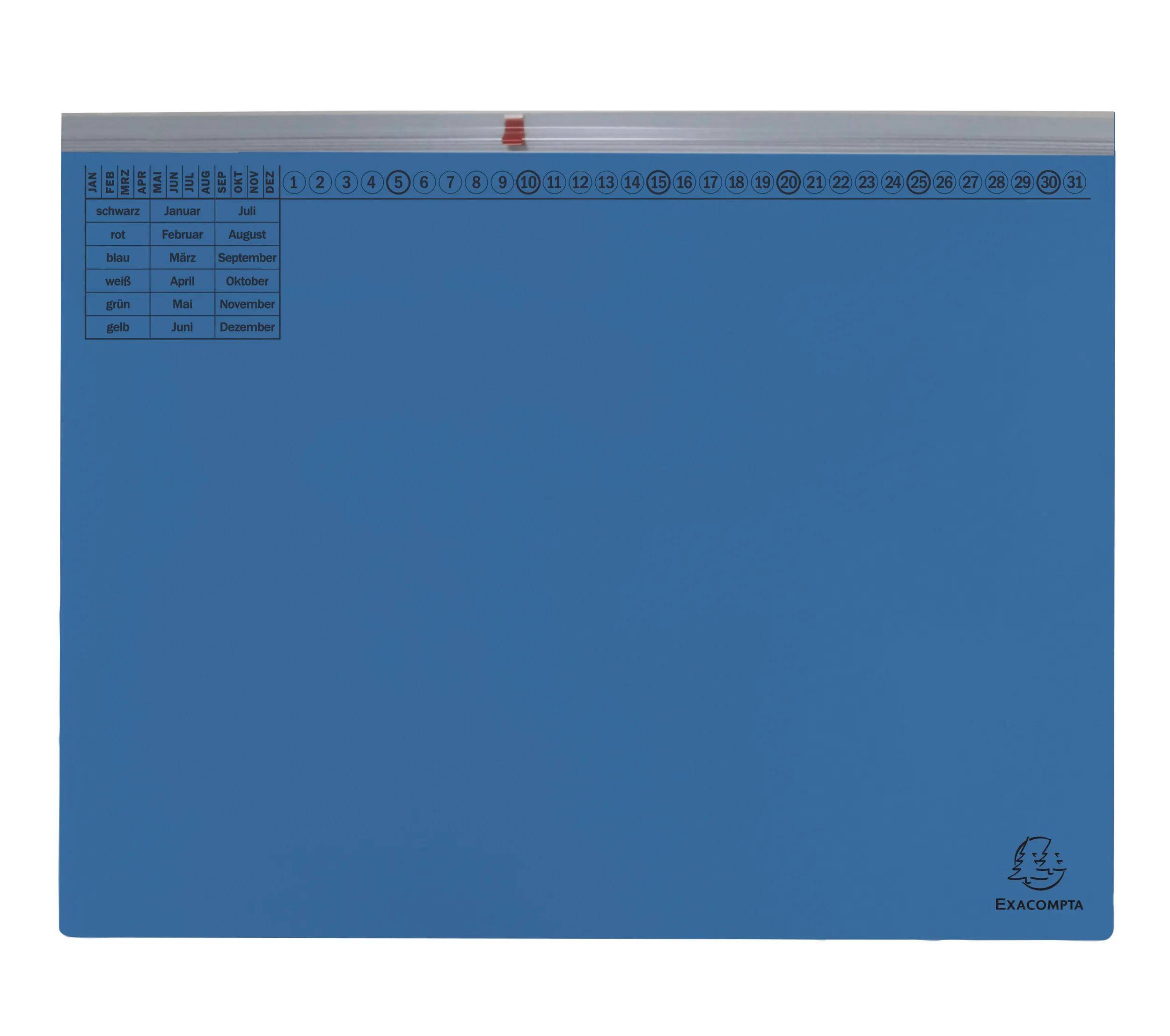Ein blauer Wandkalender mit kleinen Monatsnamen-Etiketten in verschiedenen Sprachen und nummerierten Tagen 1-31, hergestellt von Exacompta.