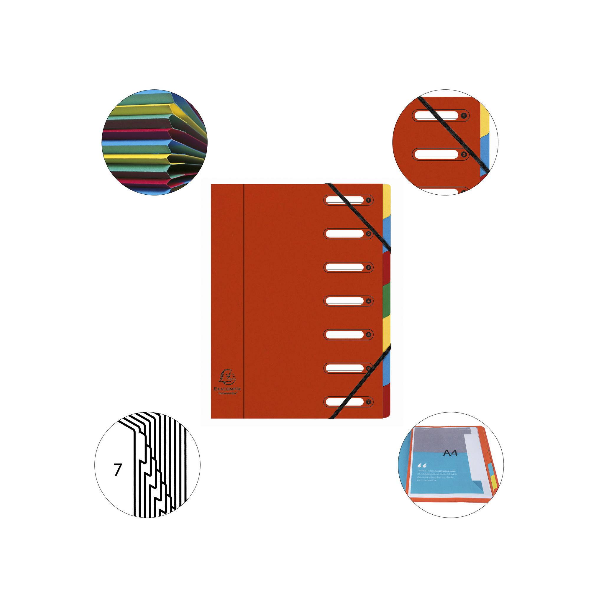 Exacompta 8x Ordnungsmappe HARMONIKA Gummizug Karton 7 Fächer A4 Rot 55075E