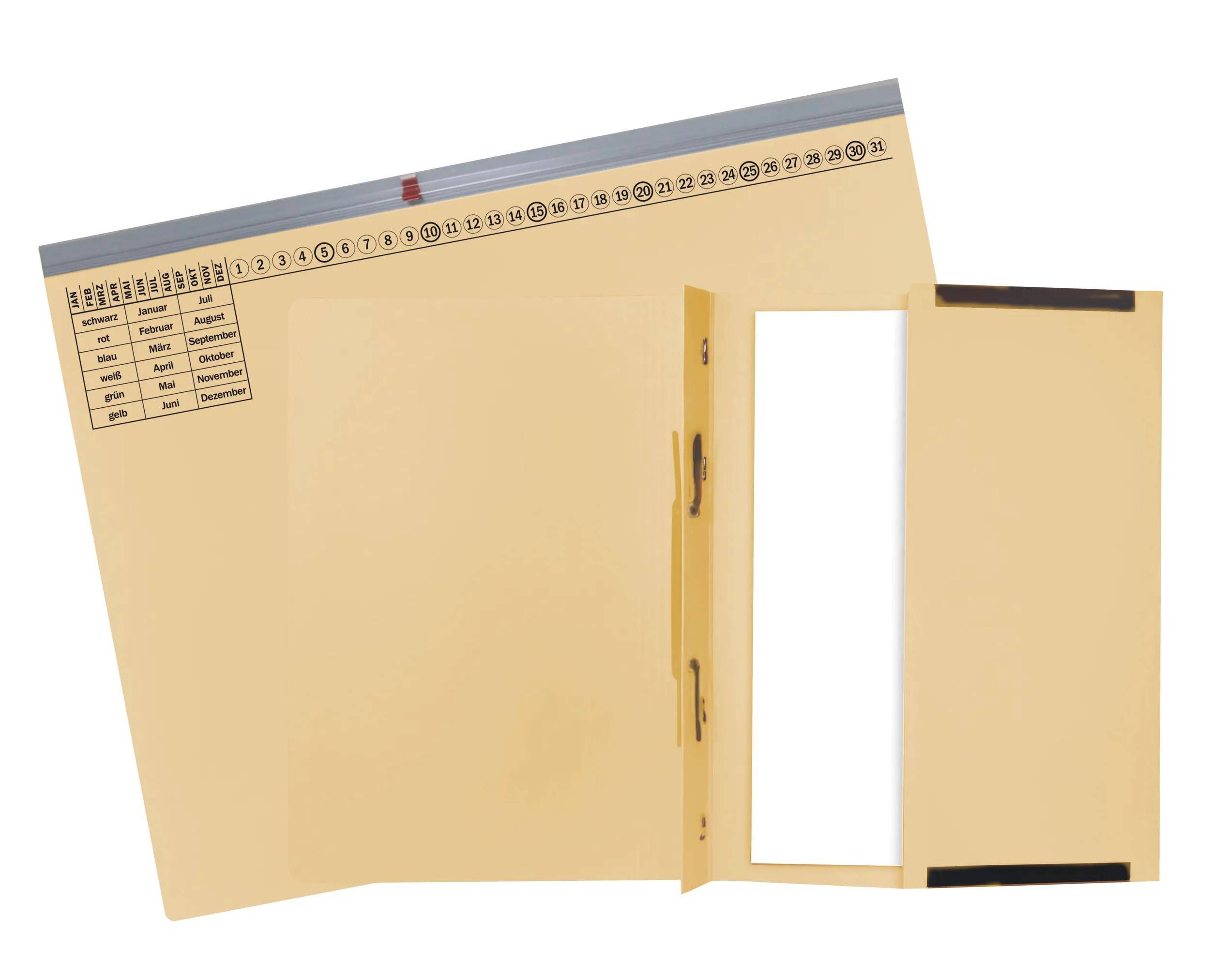 Öffnen Sie einen hellbraunen Ordner mit einem Datumsbereich, der oben gedruckt ist und die Monate auf Deutsch anzeigt, was auf ein Organisationswerkzeug hindeutet.