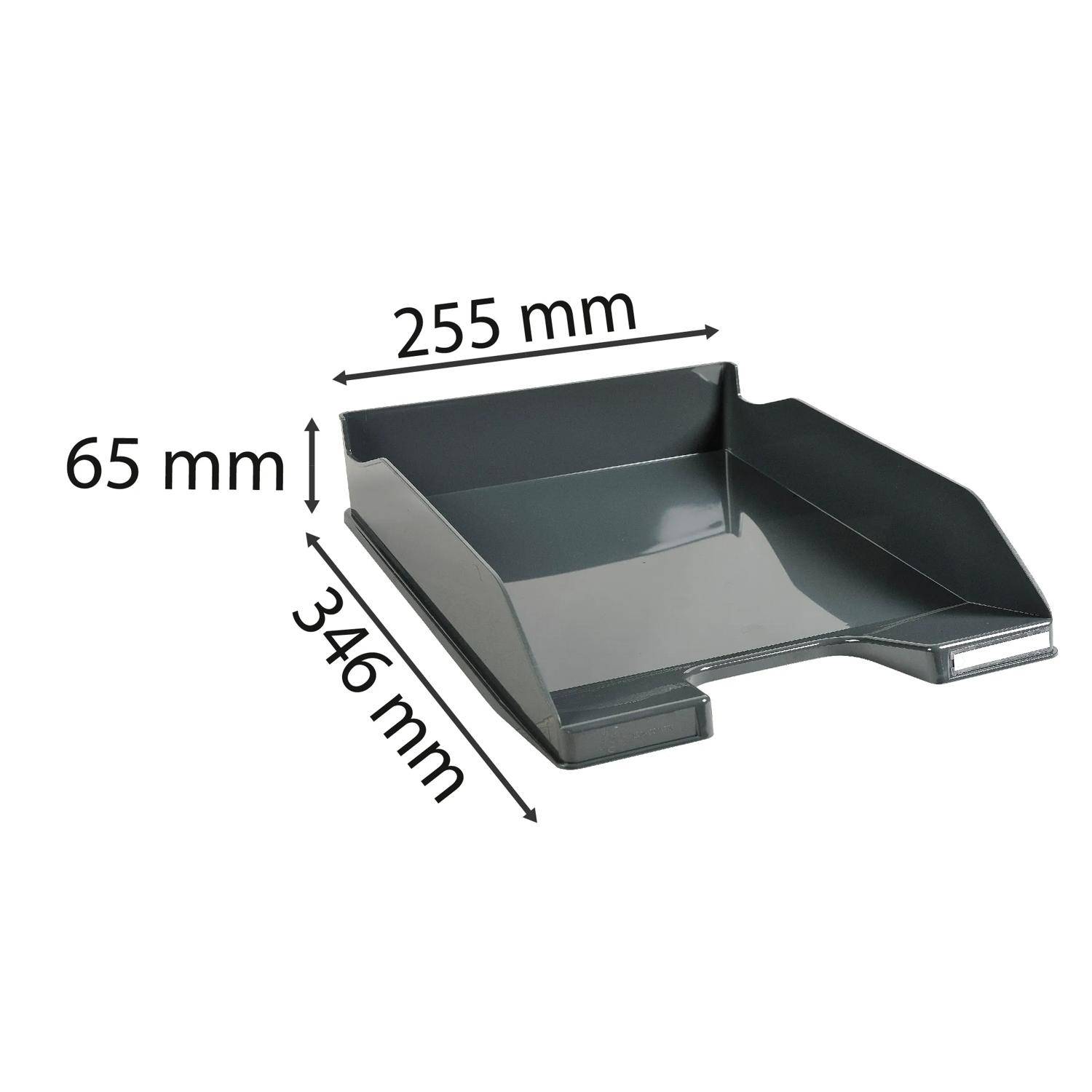 Graues Metallschreibtisch-Papierfach mit den Abmessungen 255 mm breit, 346 mm tief und 65 mm hoch.