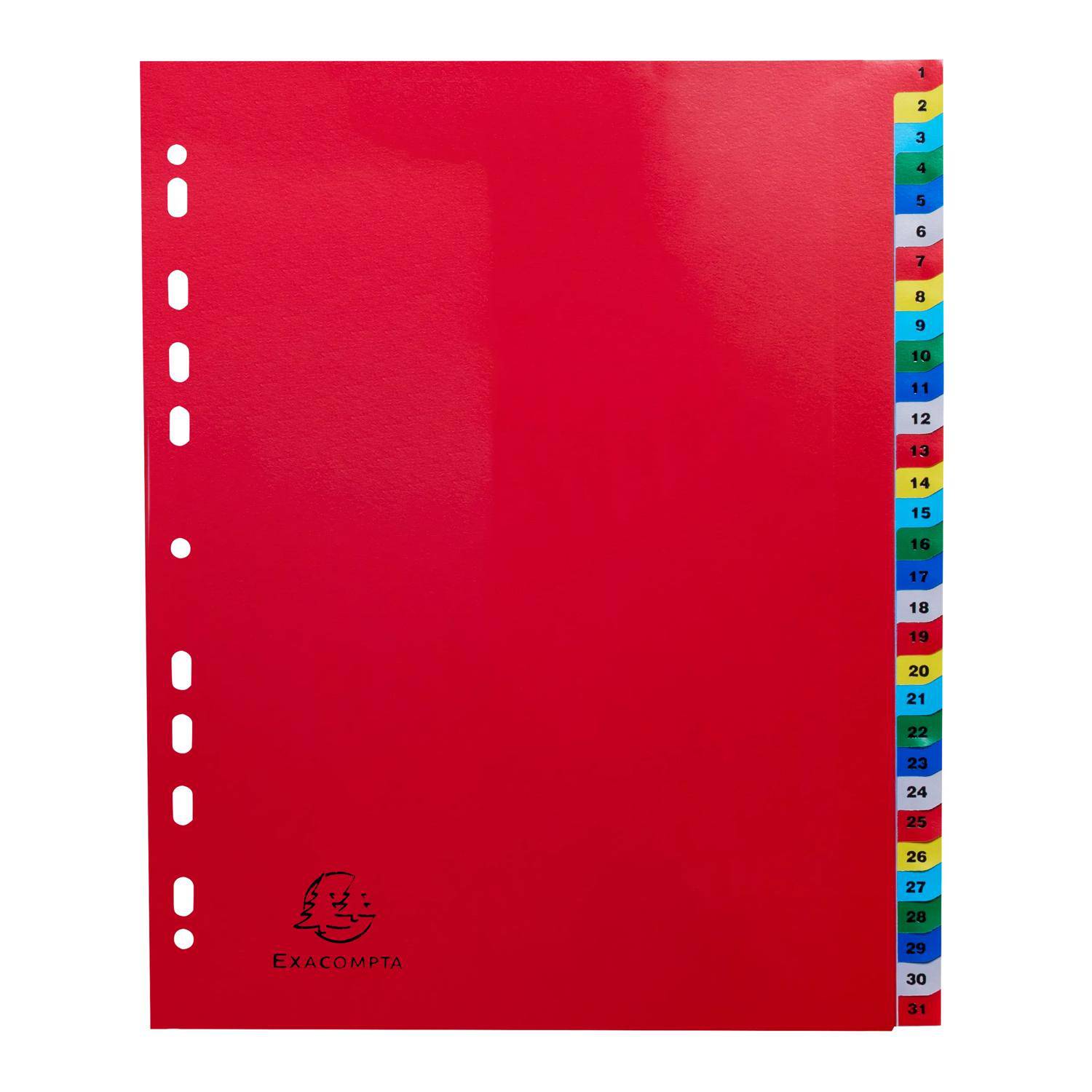 Rotes liniertes Trennblatt für Ordner mit gelochtem linken Rand, nummerierten Farbregistern 1 bis 31 entlang der rechten Kante und Exacompta-Logo in der Nähe des unteren Randes.