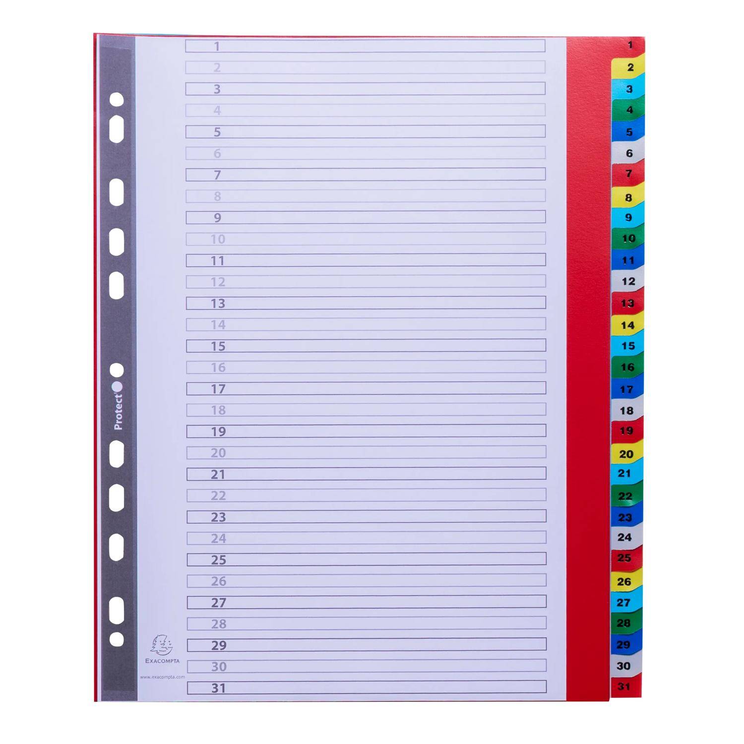 Notizbuch-Organizer-Blatt mit 31 Registern, nummerierte Zeilen und farbcodierte Indexreiter 1 bis 31 an der rechten Kante.