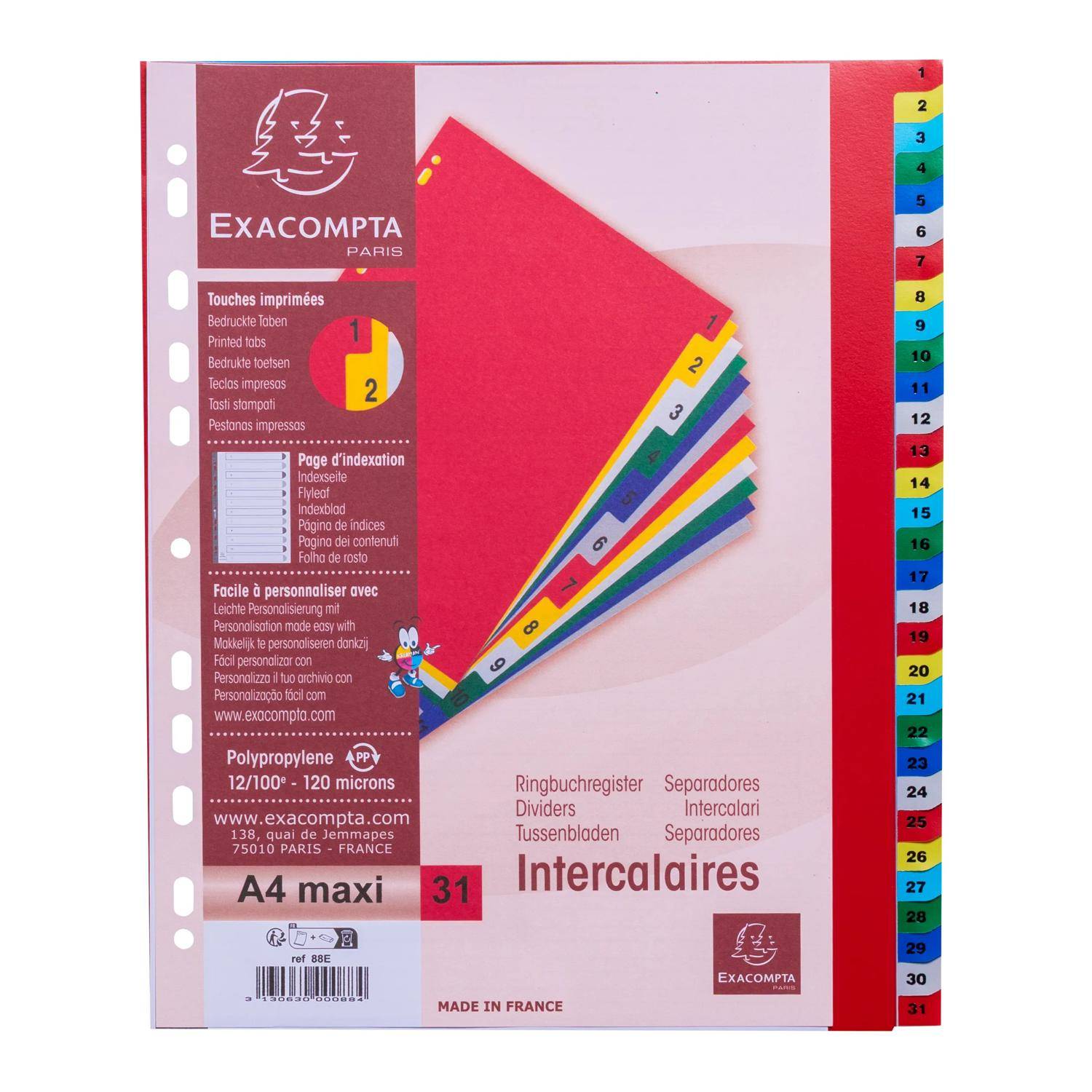 Exacompta A4 max indexierte Registerblätter-Set mit 31 farbigen nummerierten Reitern und rotem Umschlag, dargestellt in der Produktverpackung.