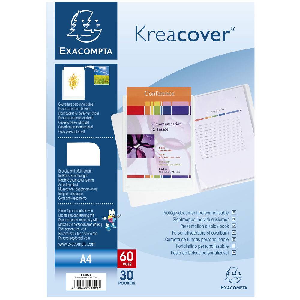 Exacompta 12x Sichtmappe festem PP 800µ + 30 Hüllen Kreacover, A4, Weiß, 58309E