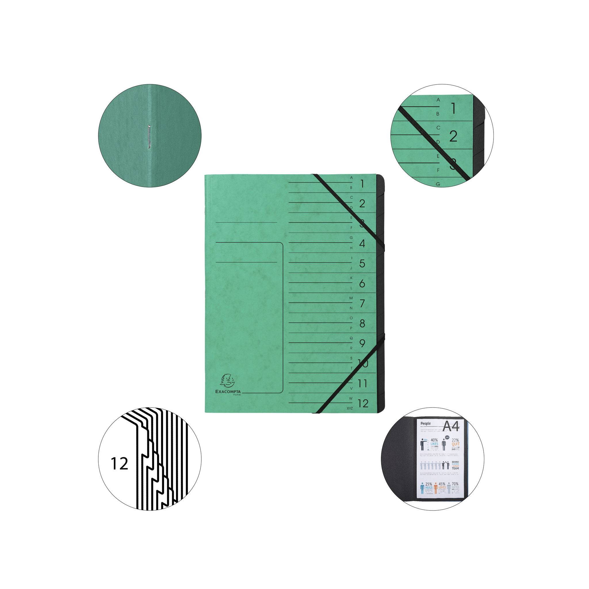 Exacompta 10x Ordnungsmappe + Gummizug innen schwarz 12 Fächer A4 Grün 541203E