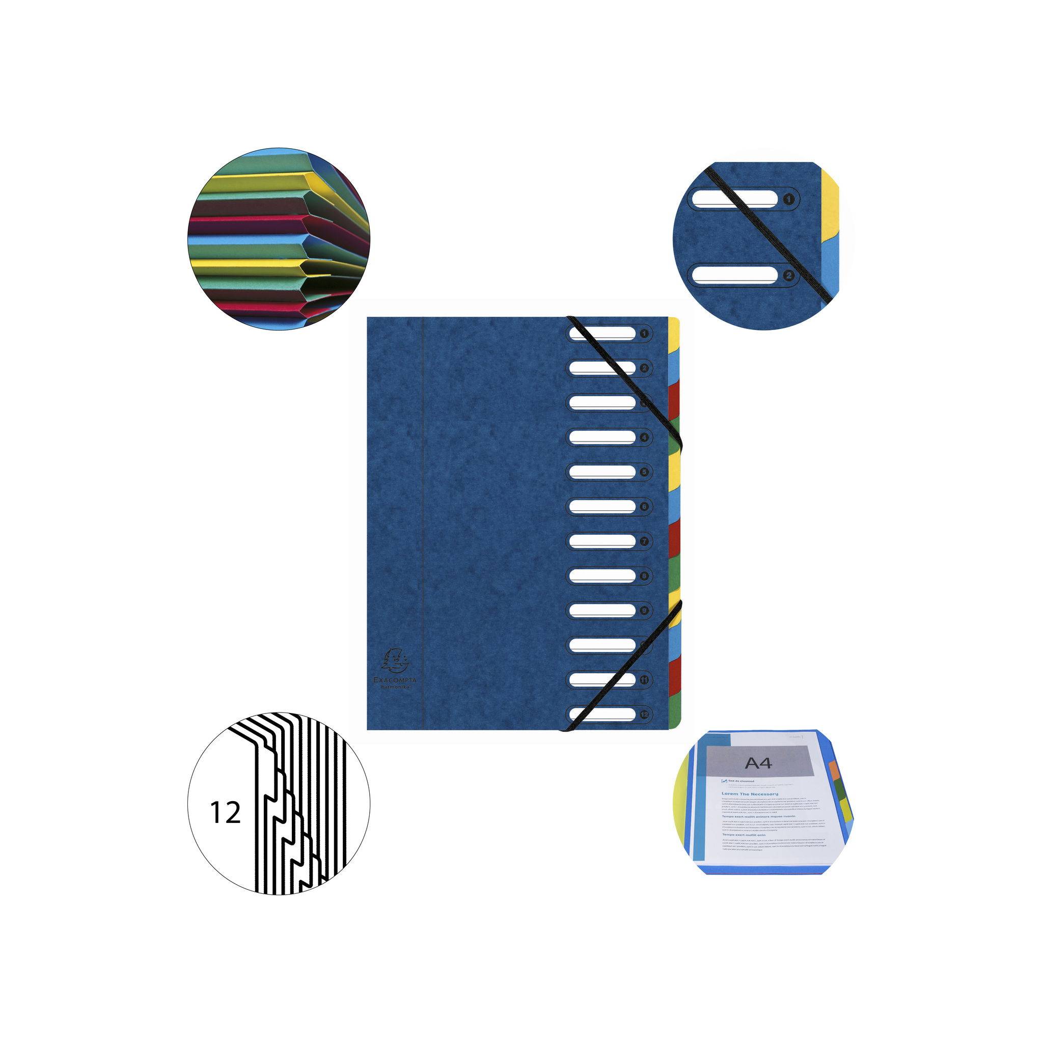 Exacompta 6x Ordnungsmappe HARMONIKA Gummizug Karton 12 Fächern A4 Blau 55122E