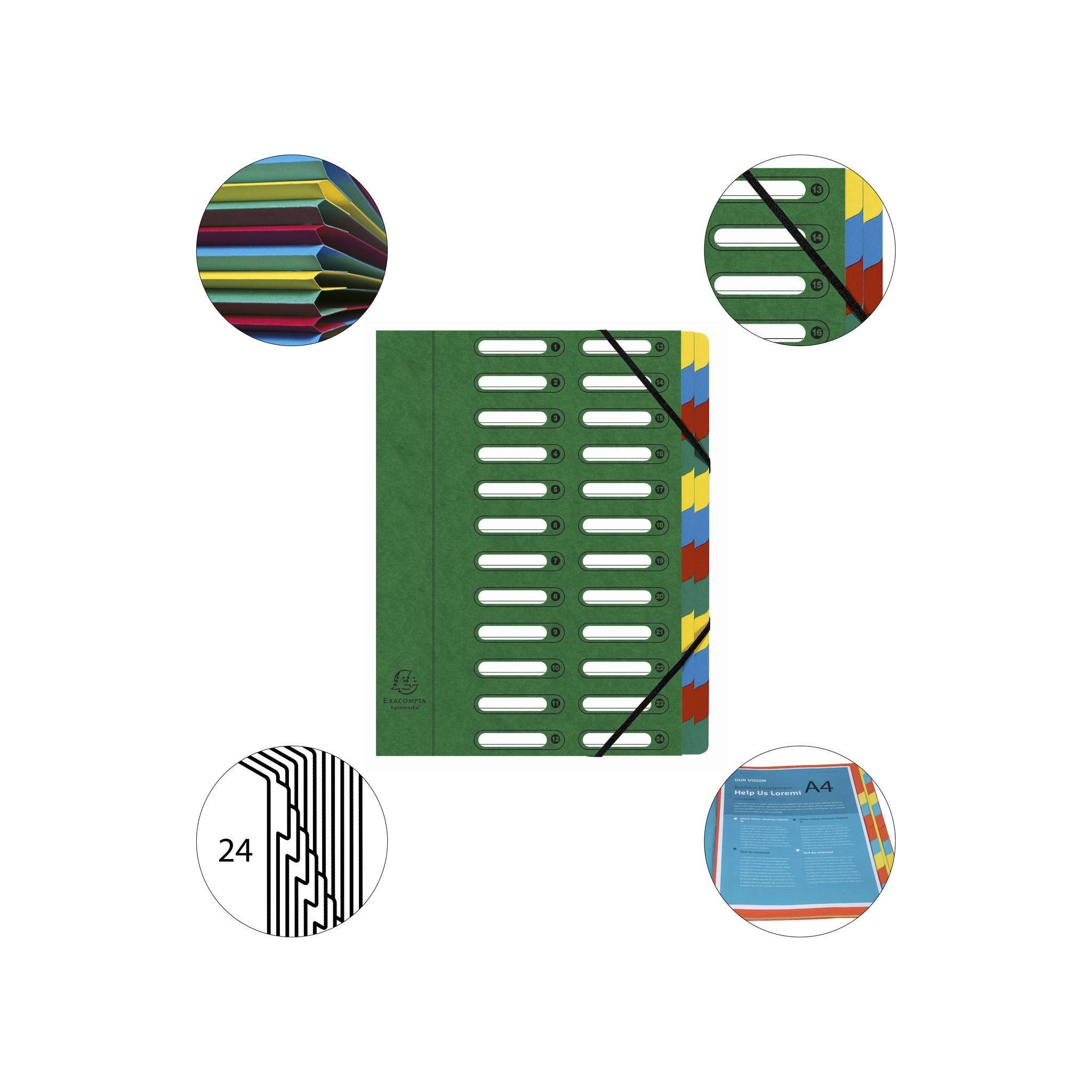 Exacompta 4x Ordnungsmappe HARMONIKA Gummizug Karton 24 Fächer A4 Grün 55243E