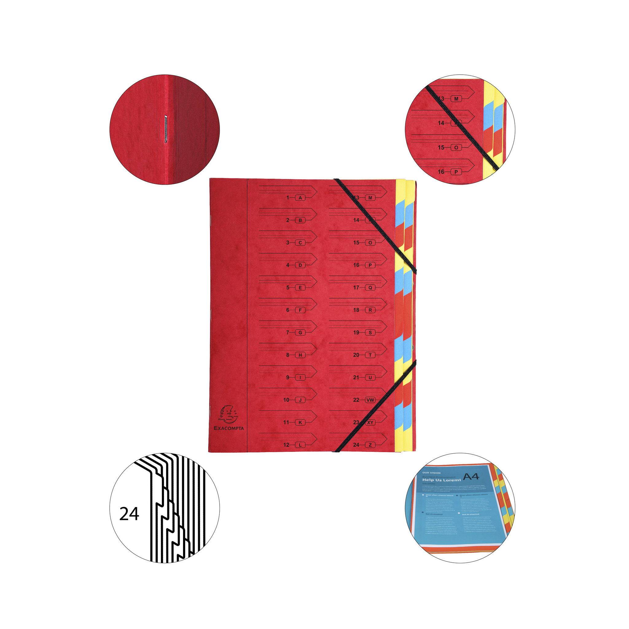 Exacompta 8x Ordnungsmappe Karton 355g/qm + Gummizug 24 Fächer A4 Rot 54245E