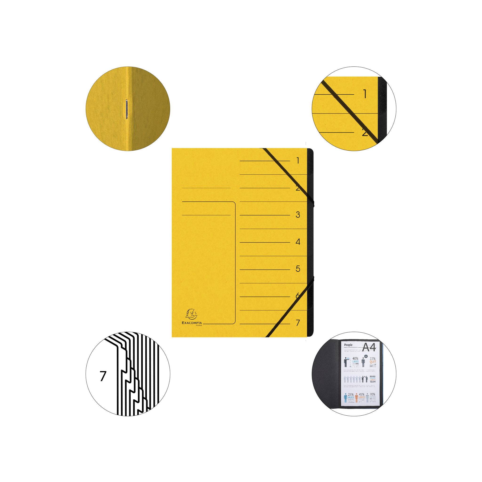 Exacompta 10x Ordnungsmappe + Gummizug innen schwarz 7 Fächer A4 Gelb 540709E