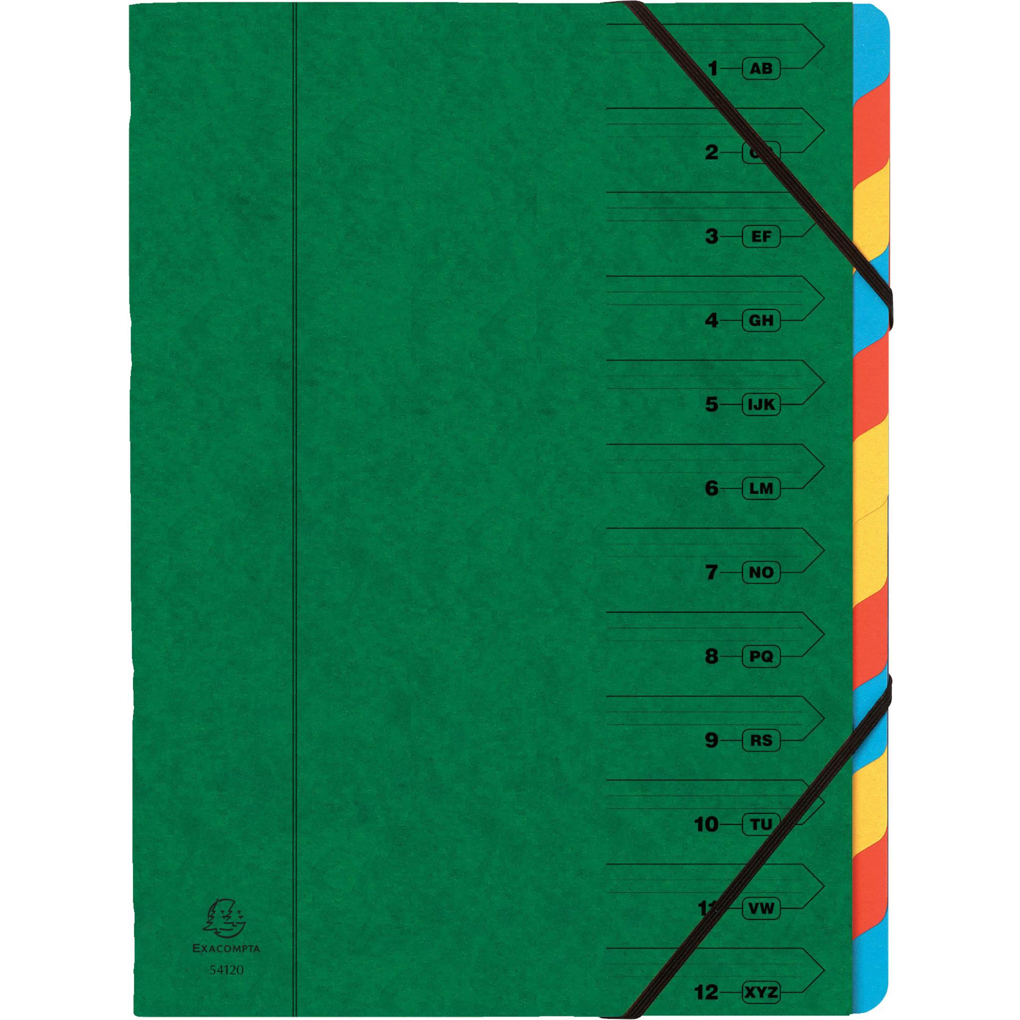 Exacompta 8x Ordnungsmappe Karton 355g/m2 + Gummizug 12 Fächer A4 Grün 54123E