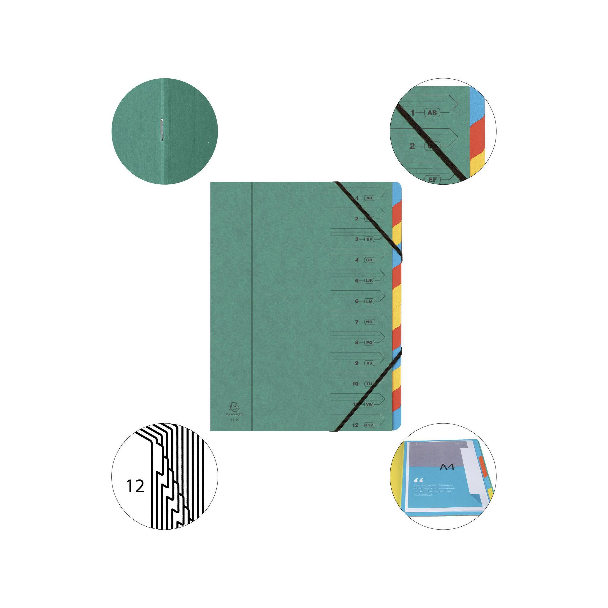 Exacompta 8x Ordnungsmappe Karton 355g/m2 + Gummizug 12 Fächer A4 Grün 54123E