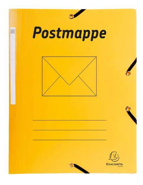 Gelber Ordner mit schwarzem Text „Postmappe