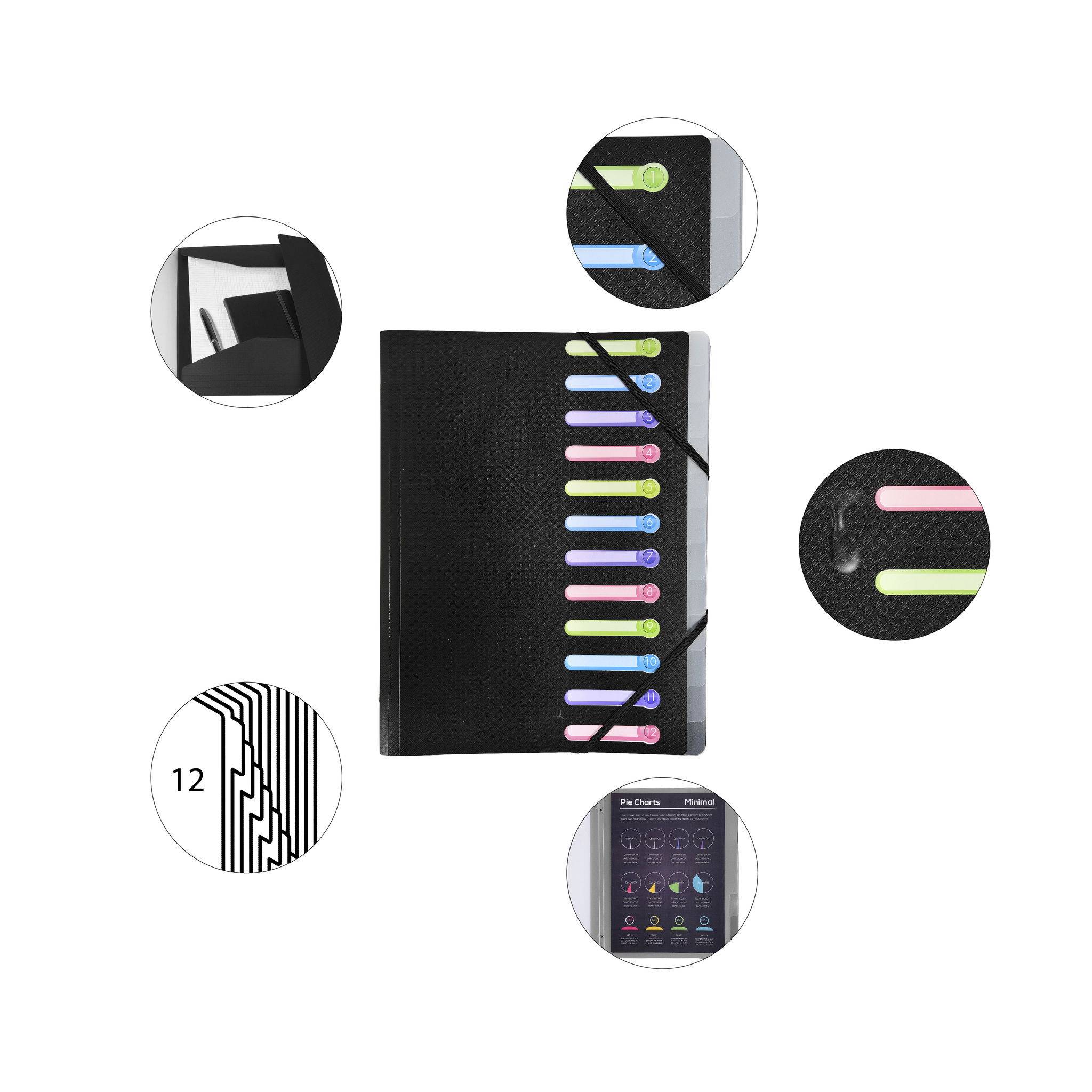 Exacompta 10x Ordnungsmappe OPAK PP + 3 Klappen, 12 Fächern, Schwarz, 55981E