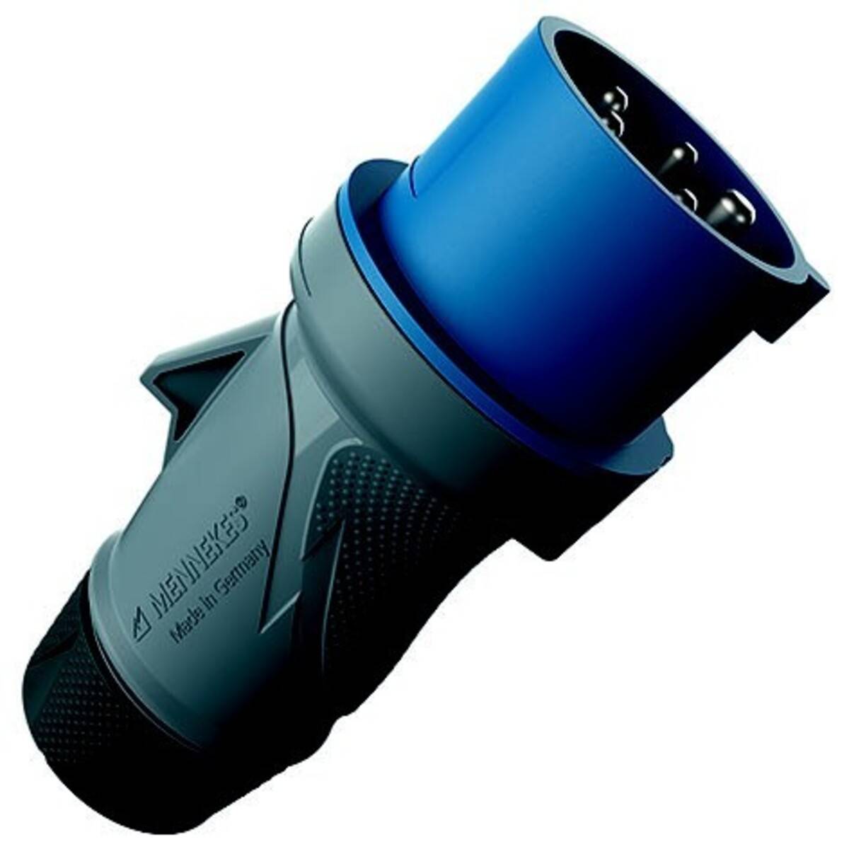 Blauer und grauer industrieller Elektrostecker mit Winkelstecker auf weißem Hintergrund