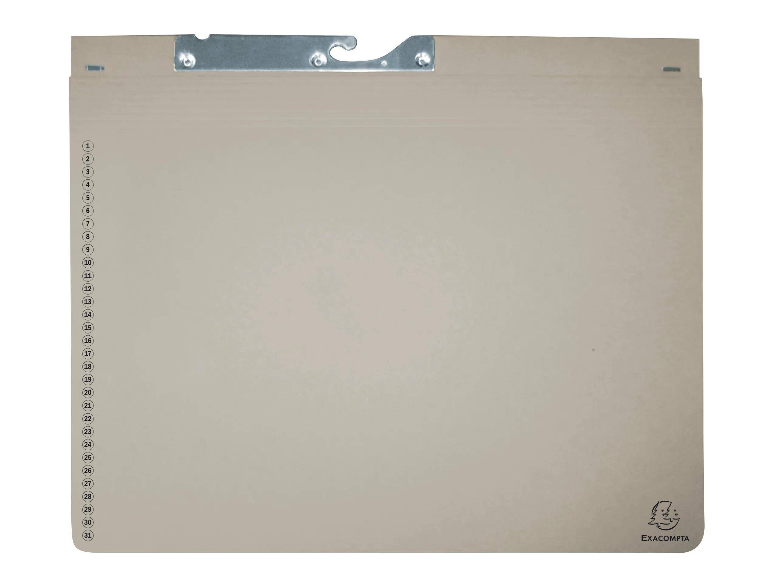 Ein beigefarbener Aktenordner mit einer Metallklammer oben.