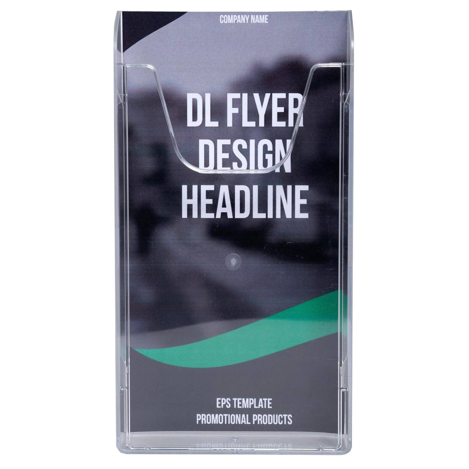 Ein transparenter Acrylbroschürenständer mit einer dunklen Flyervorlage, auf der der Text „DL FLYER DESIGN ÜBERSCHRIFT" und „EPS VORLAGE WERBEARTIKEL"" zu sehen ist.
