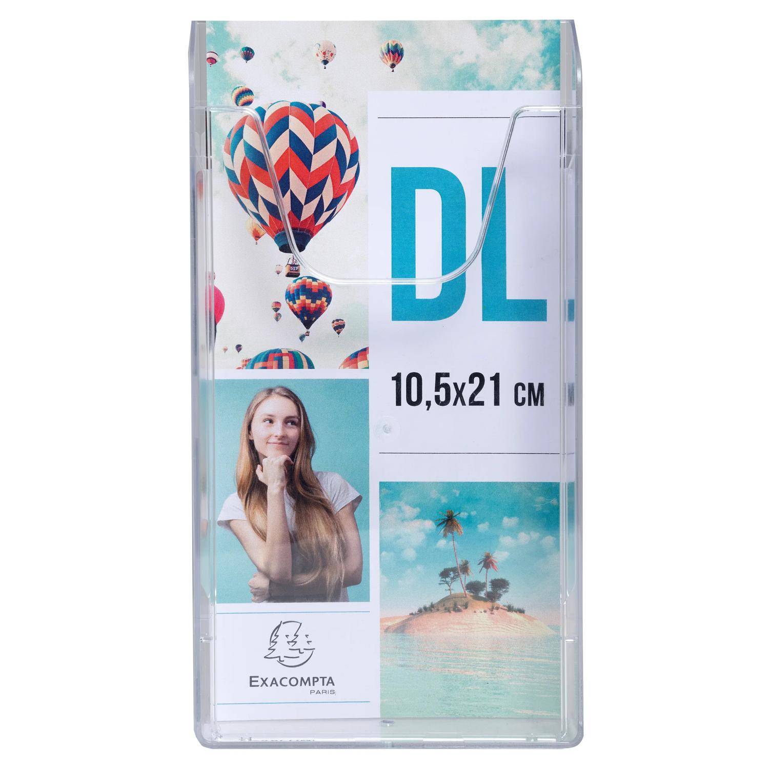 Transparente Kunststoff-Fotohülle oder Dokumentenschutz mit der Bezeichnung „DL" und „10,5x21 cm"", mit einer Collage aus Ballon-, Porträt- und tropischen Inselbildern.