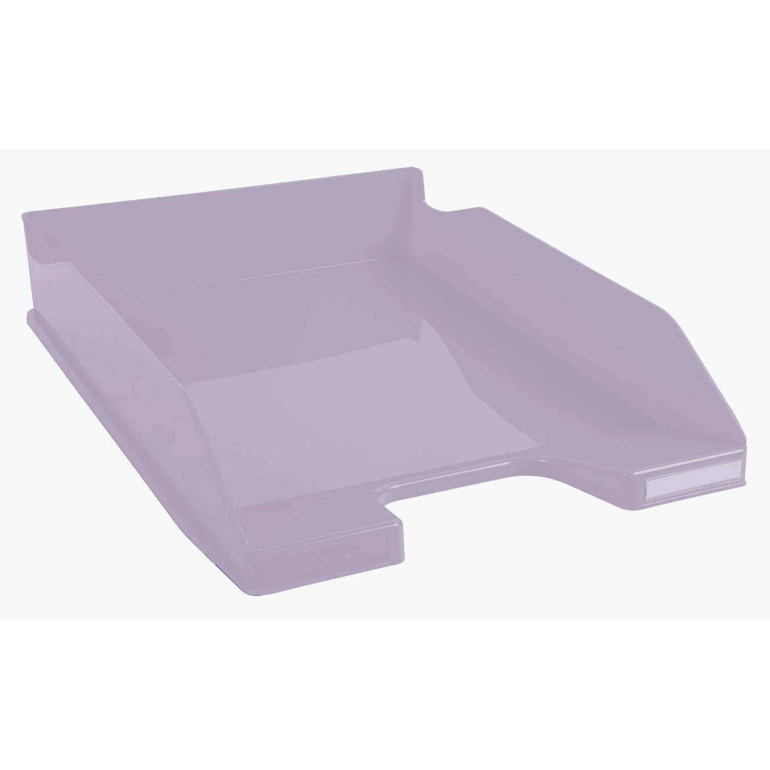 Hellblau-violettes Kunststoffpapier-Tablett oder Posteingang-Organizer in Schrägansicht auf weißem Hintergrund.