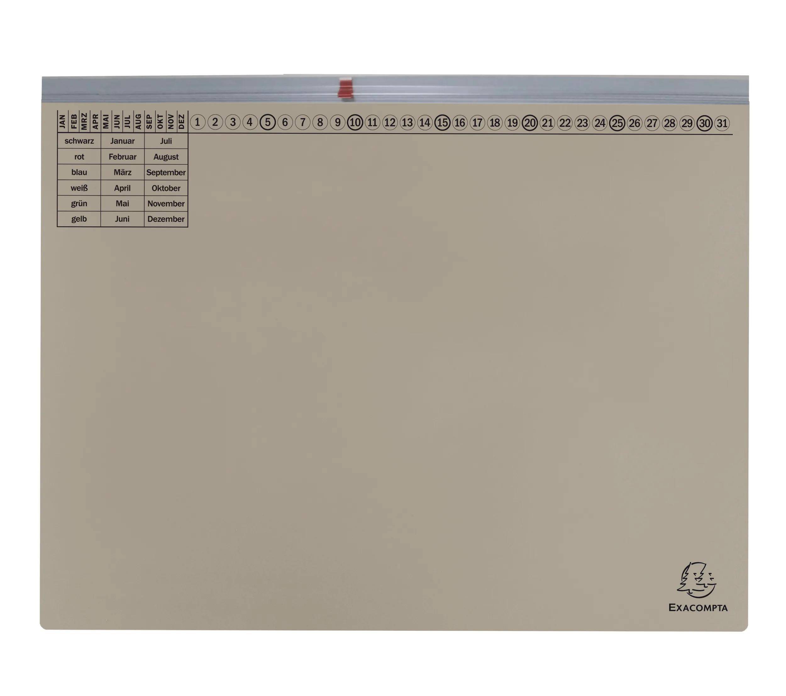 Ein beiges monatliches Planungsbrett mit den Tagen 1 bis 31 mit Monatsnamen auf Deutsch, Englisch und Französisch auf der Seite, von Exacompta.