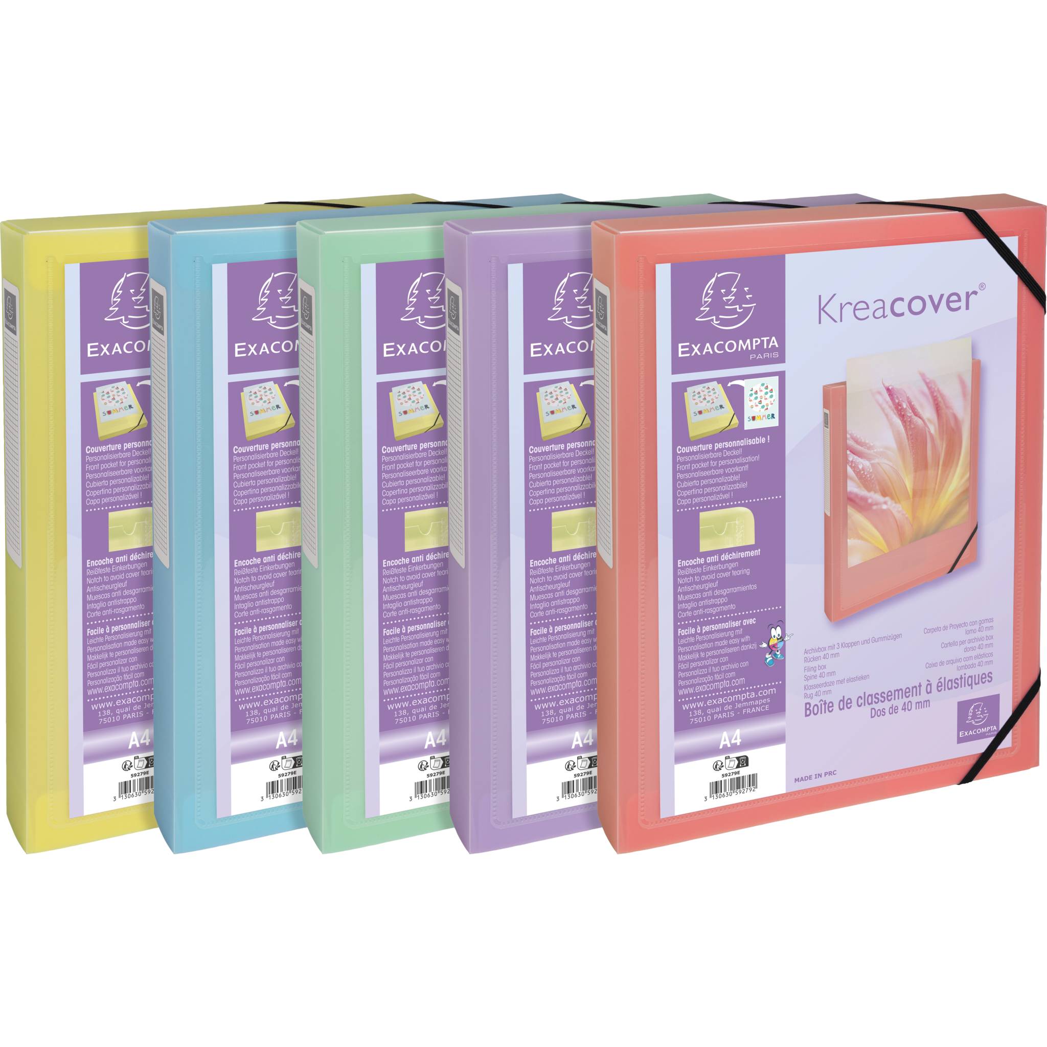 Exacompta 5x Archivbox A4 PP, Rücken 40mm, Kreacover Pastell, sortiert, 59279E