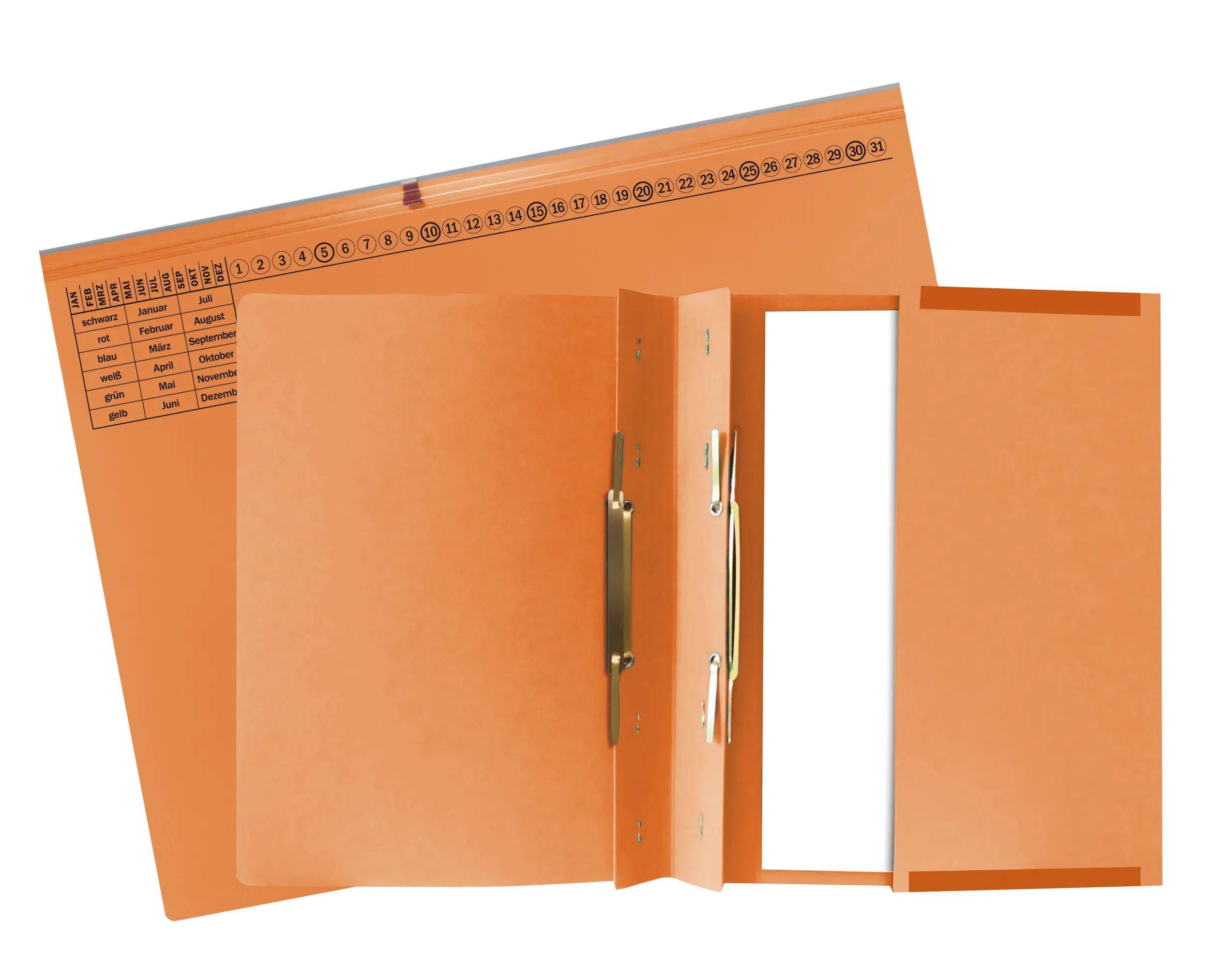 Eine orange Ziehharmonika-Aktentasche mit nummerierten Trennblättern und Etiketten zur Dokumentenorganisation. Geöffnet, um ihr Metallverschlusssystem zu zeigen.