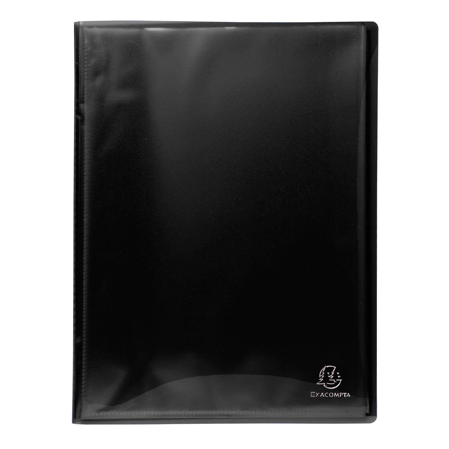 Schwarze Kunstleder-A4-Mappe oder Portfolio mit durchsichtigem Vorderdecklseeve und kleinem "EXACOMPTA""-Logo unten rechts