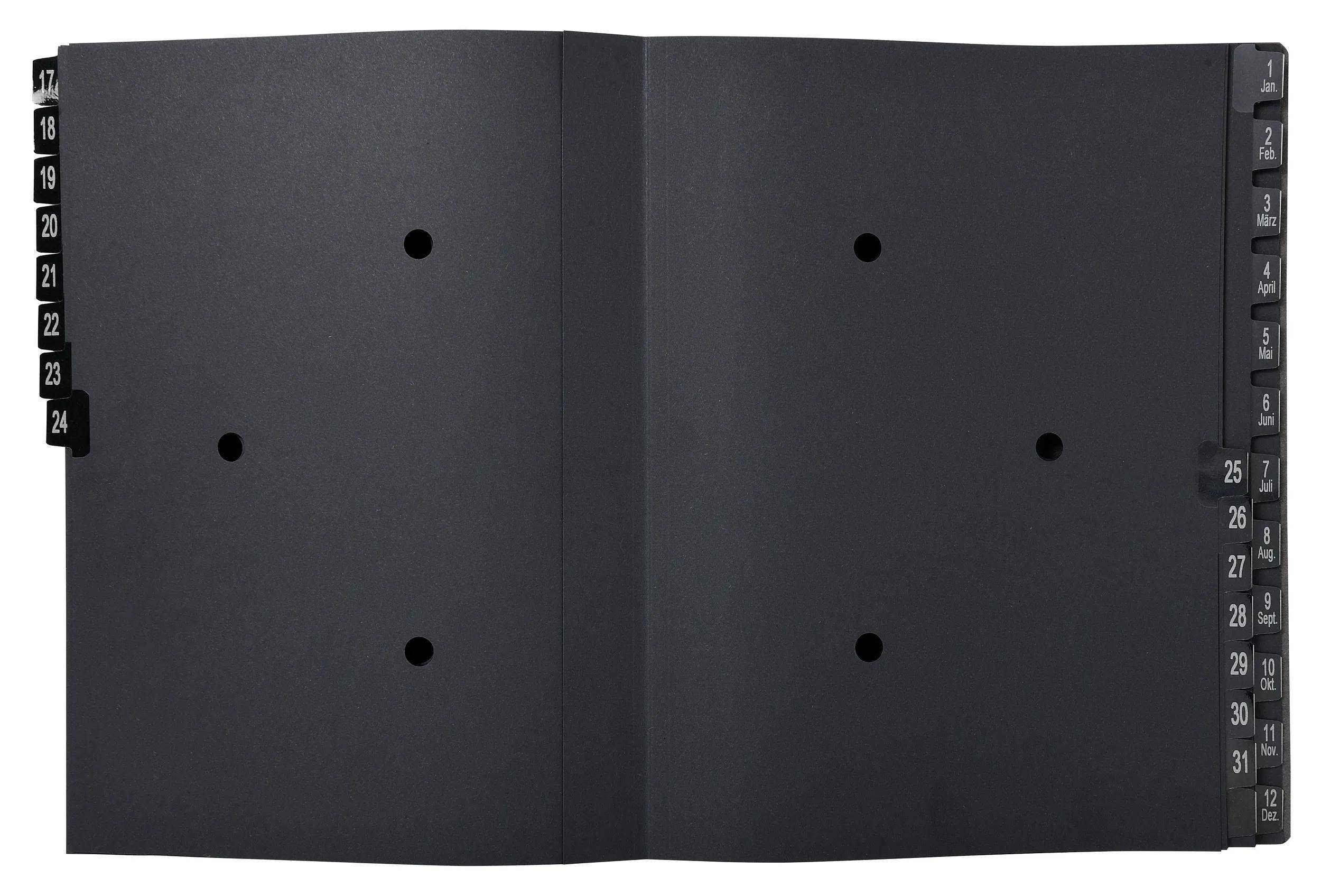 Ein offener, schwarzer Papierordner mit sechs kreisförmigen Ausschnitten auf beiden Seiten, gleichmäßig verteilt, ohne sichtbaren Text oder zusätzliche Details.
