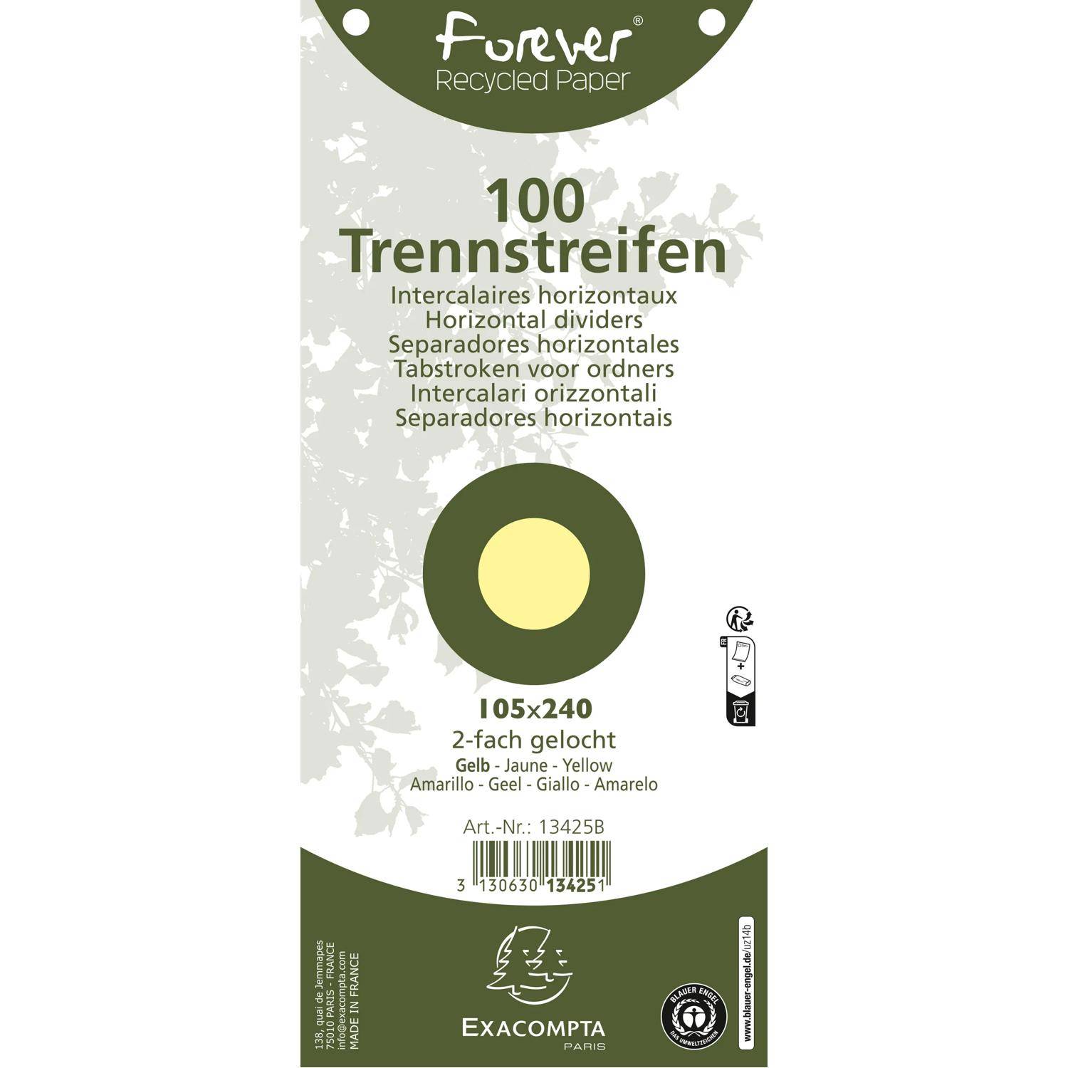Paket „Forever Recycled Paper" Trennblätter horizontal, 100 Blatt, 105 x 240 mm, gelb, mit Exacompta-Branding.