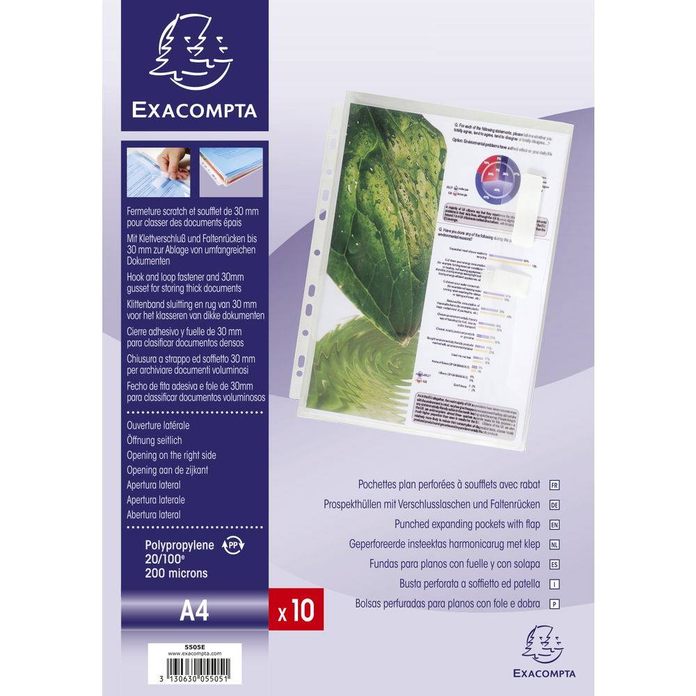 Exacompta 4x Beutel 10 gelochten Schutzhüllen A4 Klettverschluss Kristall 5505E
