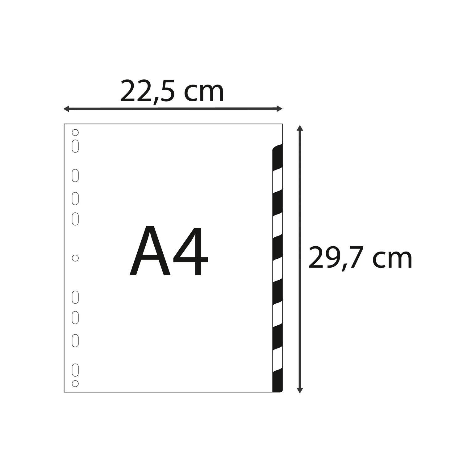Diagramm eines A4-Blattes mit Binderlöchern, beschriftet 22,5 cm breit und 29,7 cm hoch.