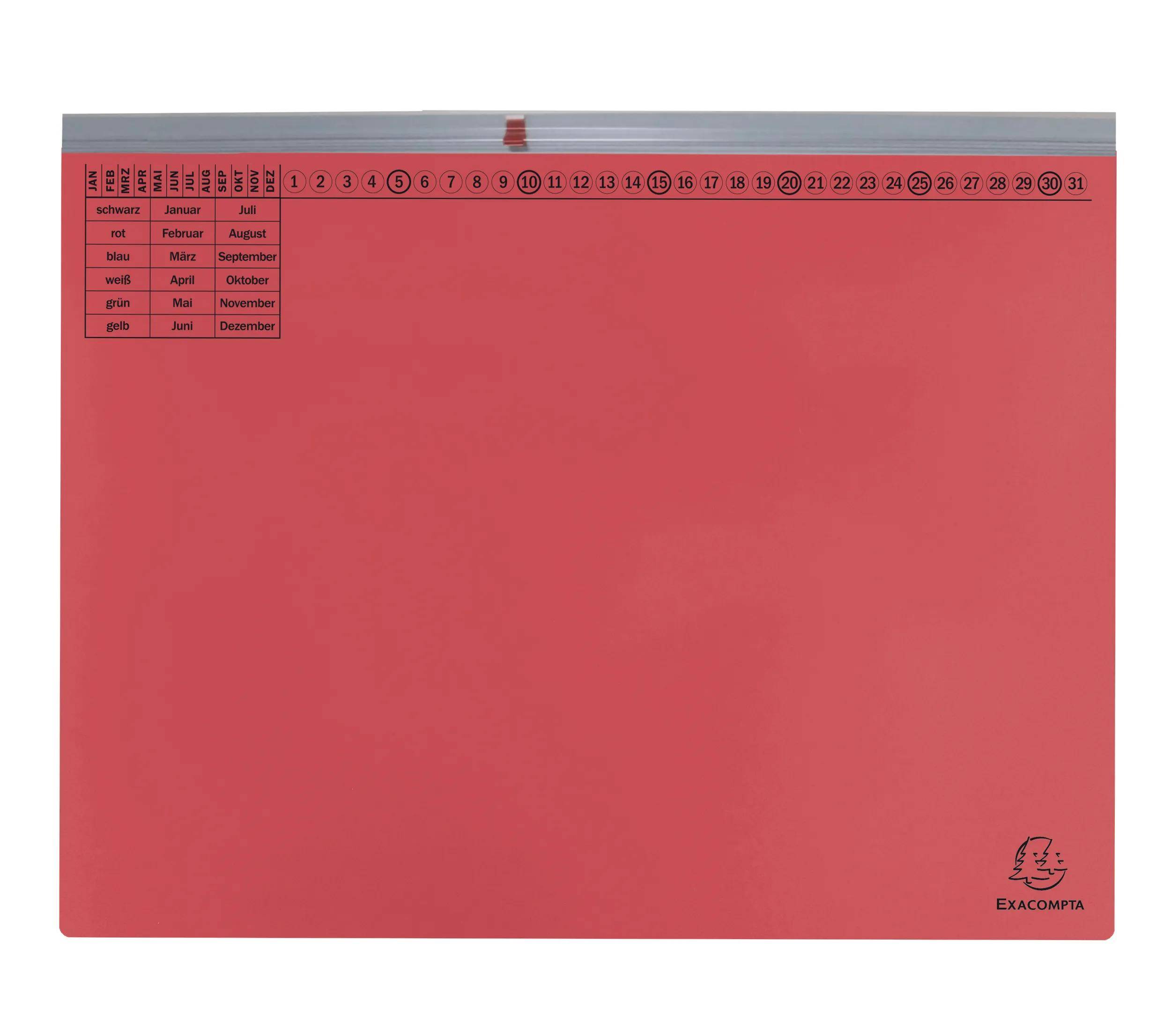 Ein roter monatlicher Schreibtischunterlage-Kalender mit den Nummern 1 bis 31 oben quer, die Tage anzeigen. Monatliche Reiter auf der linken Seite, die Januar bis Dezember zeigen.