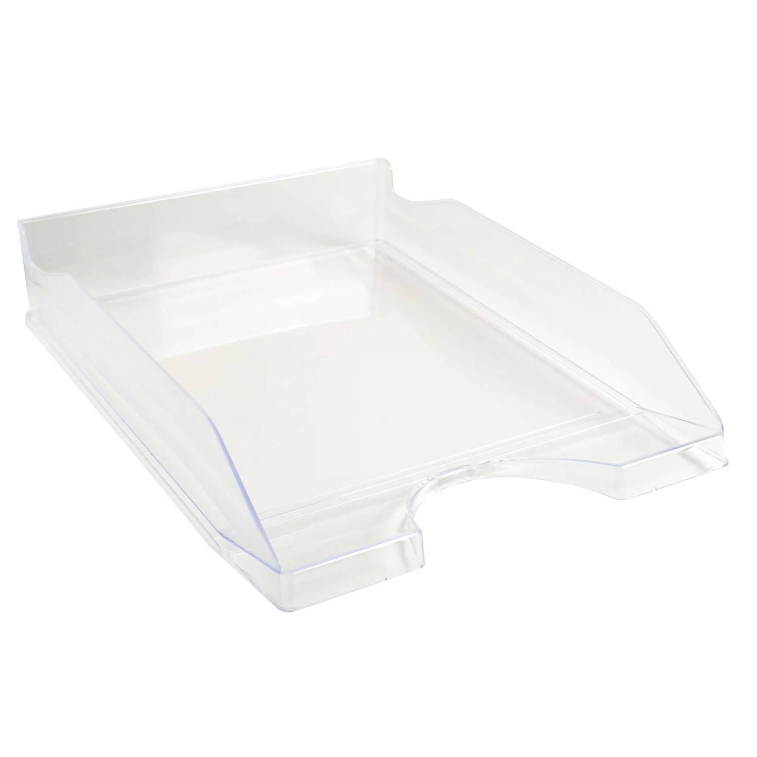 Klare Kunststoff-Papierschale oder Desktop-Dokumentenorganizer auf weißem Hintergrund.