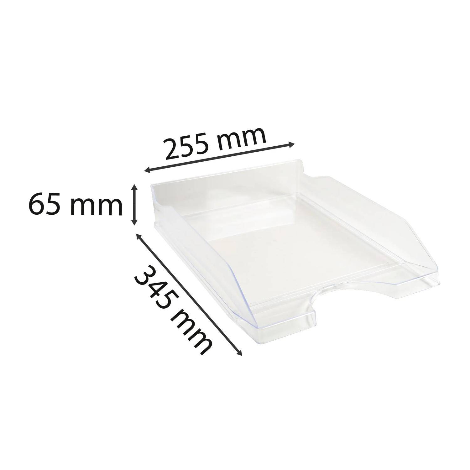 Transparentes Kunststofftablett mit beschrifteten Abmessungen von 255 mm Breite, 345 mm Tiefe und 65 mm Höhe.