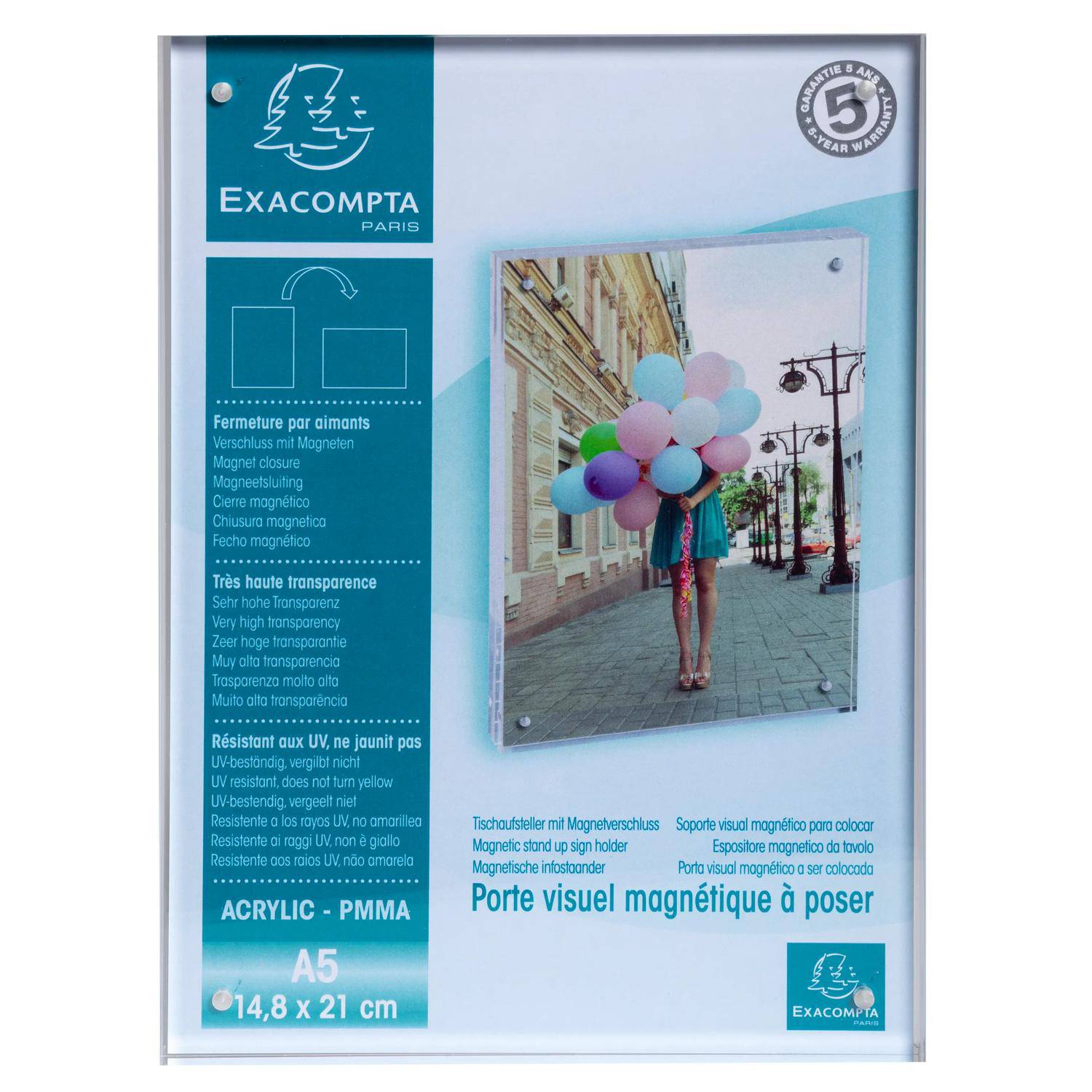 Exacompta A5 Acryl-Anzeigerahmen für die Wandmontage mit Beispielfoto in einem durchsichtigen Magnethalter.