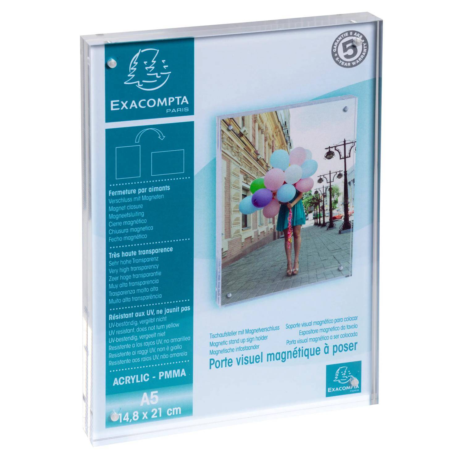 Exacompta A5 Acryl-Magnetwanddisplayrahmen, gezeigt mit einem Beispielfotoeinsatz und französischen Produktmerkmalen.