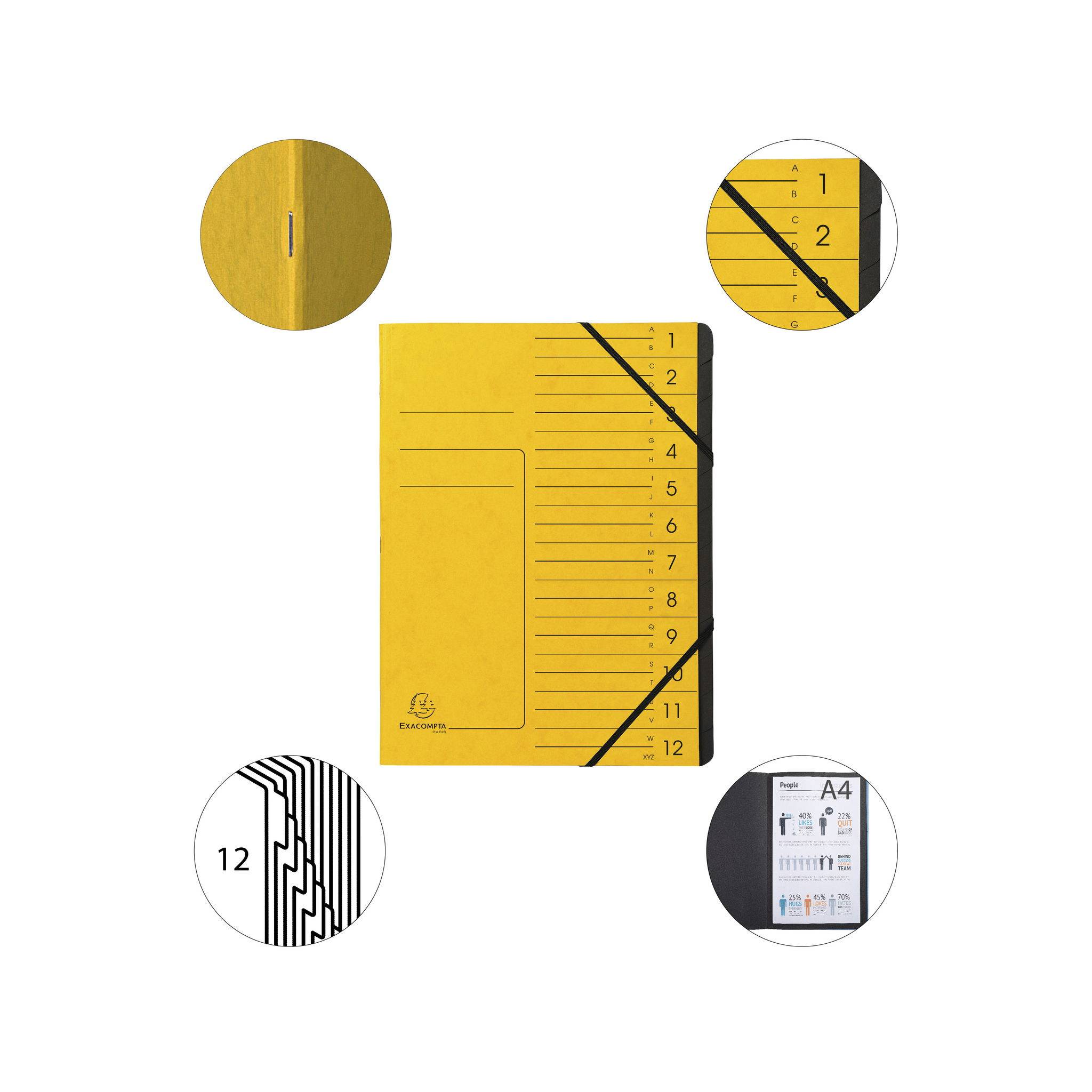 Exacompta 10x Ordnungsmappe + Gummizug innen schwarz 12 Fächer A4 Gelb 541209E