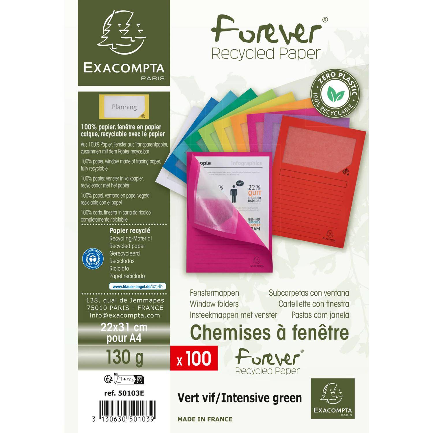 Exacompta 4x 100 Fenstermappen, A4, 160g, plastikfrei, Intensivgrün, 50103E