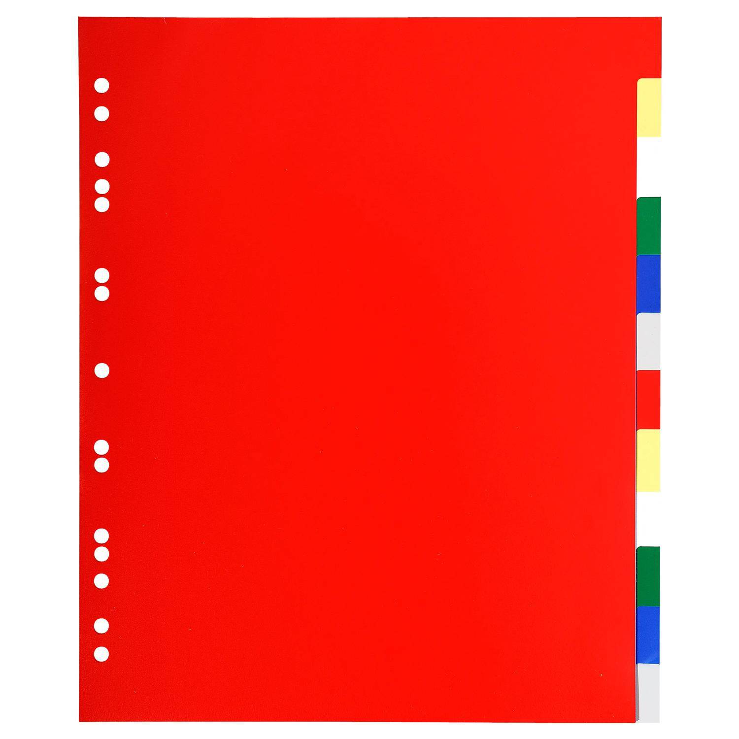 Rotes Notizbuch mit weißen Bindungslöchern auf der linken Seite und mehrfarbigen Seitenregistern an der rechten Kante.