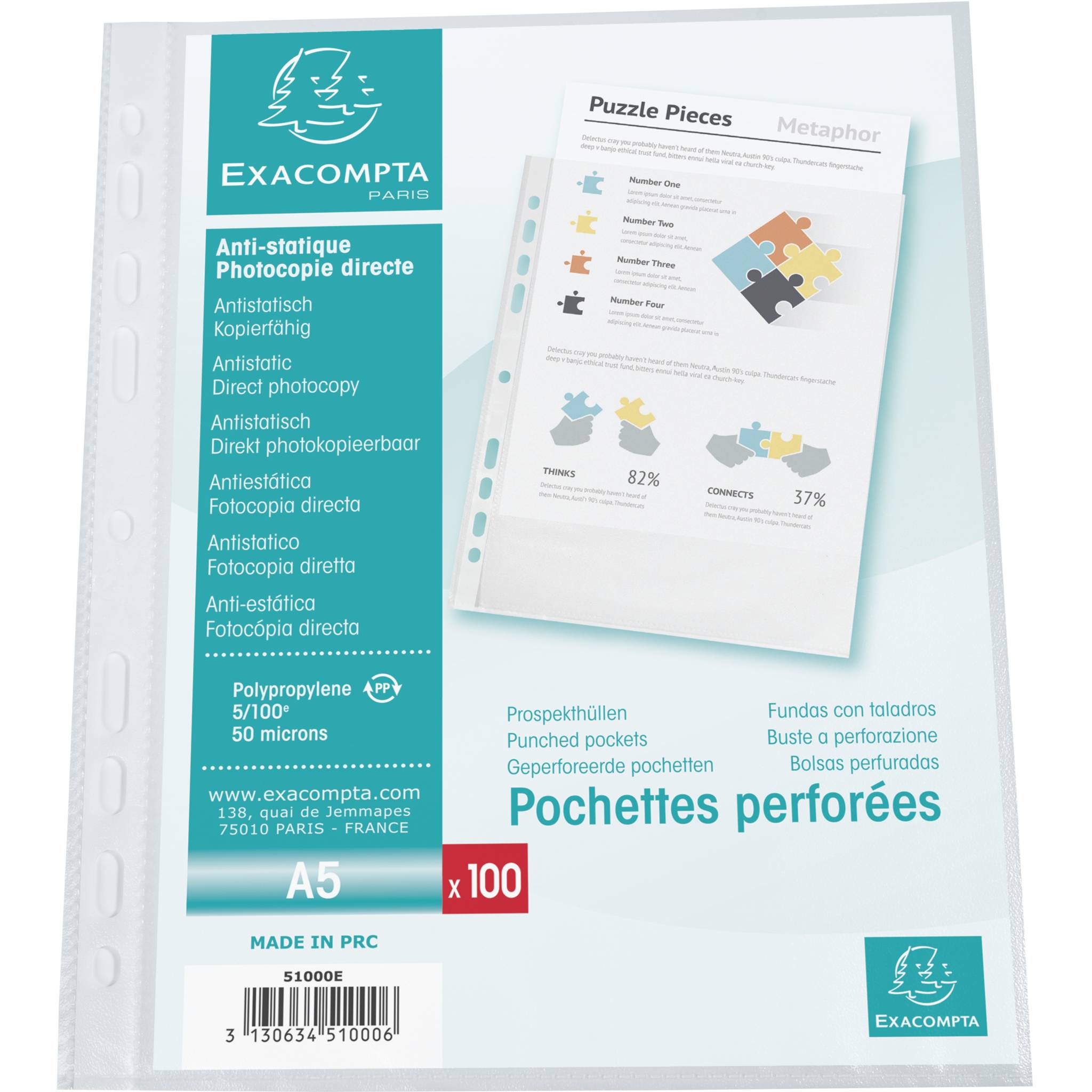 Exacompta 10x Pack 100 Prospekthüllen PP genarbt 50µ, A5, Kristall, 51000E