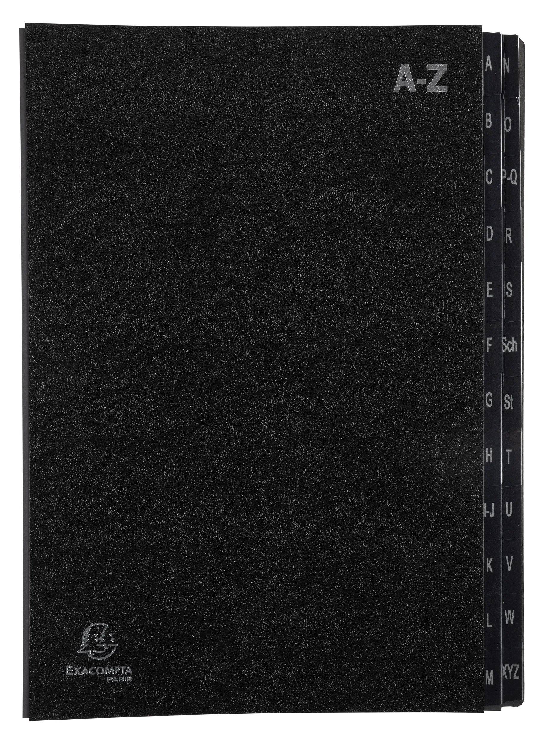Geschlossener schwarzer Ordner mit Registerreitern mit den Beschriftungen A bis V an der Kante.