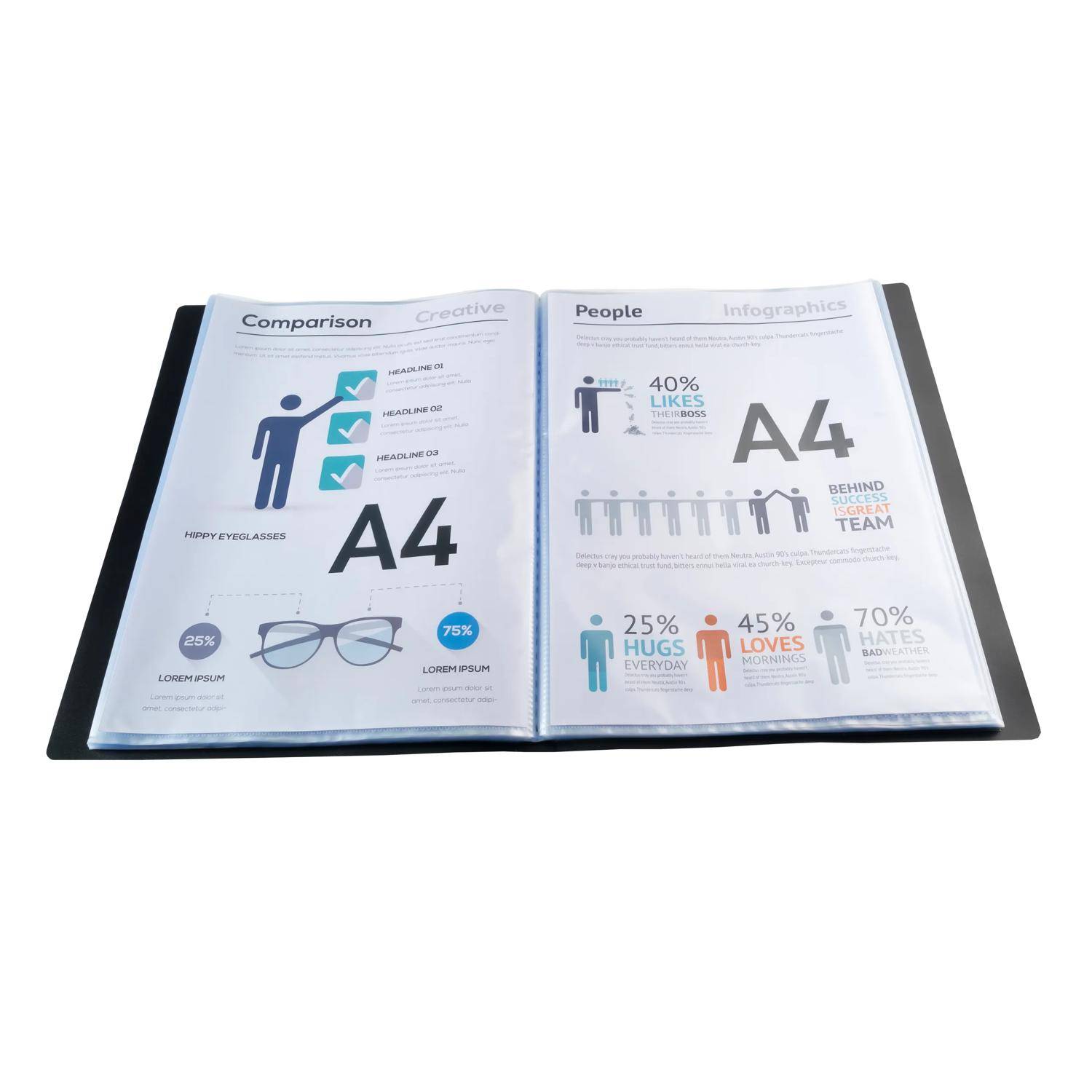 Offene Katalogseite mit Infografik-Vorlagen, darunter "Vergleich"" und ""Menschen"", mit großen ""A4""-Beschriftungen sowie Beispieldiagrammen, Symbolen und Prozentsätzen.