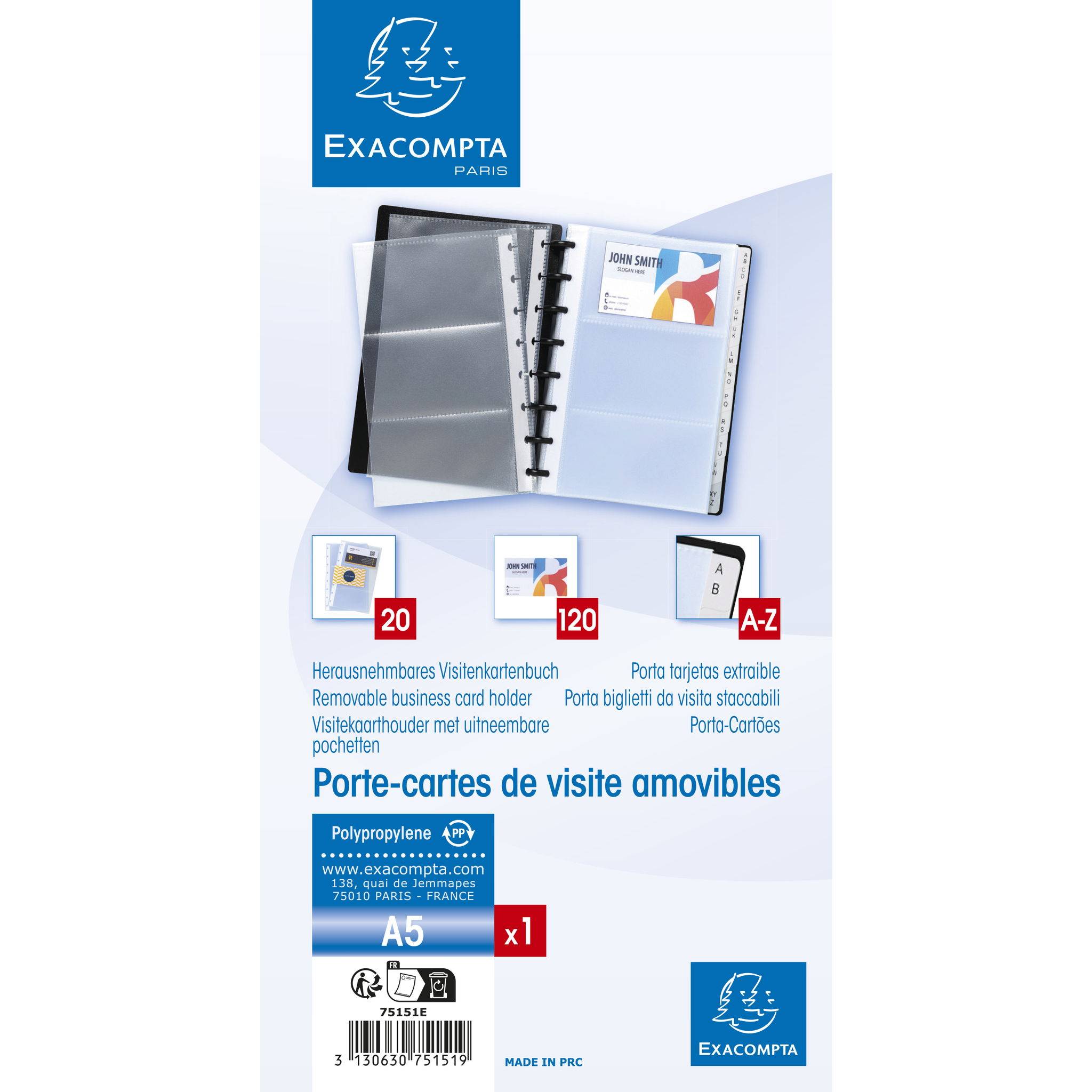 Exacompta 5x Visitenkartenbuch + Ringen PP 800µ für 120 Karten, Schwarz, 75151E