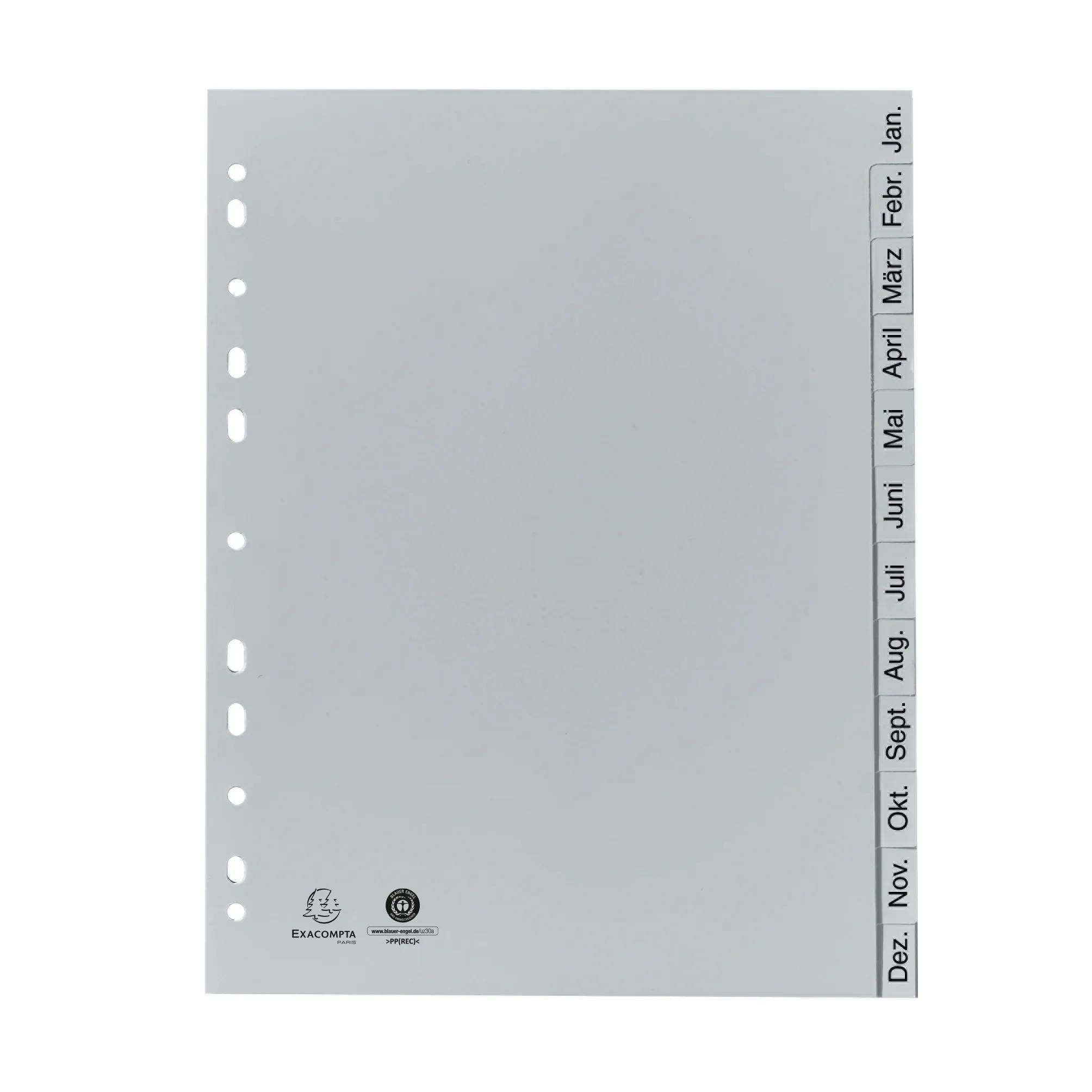 Ein Blatt mit gestanzten Löchern auf der linken Seite und Monatsreitern von Januar bis Dezember auf der rechten Seite, das zum Organisieren von Dokumenten in einem Ordner verwendet wird.
