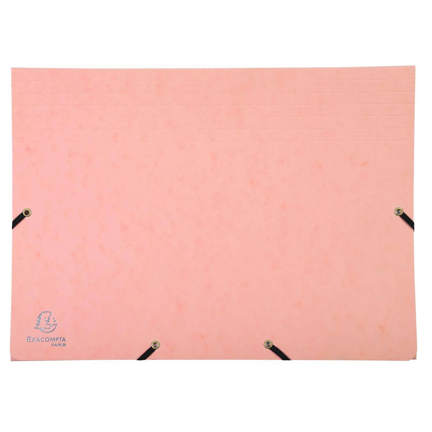 Rosa Aktenmappendeckel mit schwarzen elastischen Eckbändern und kleinem Exacompta-Logo in der unteren linken Ecke.