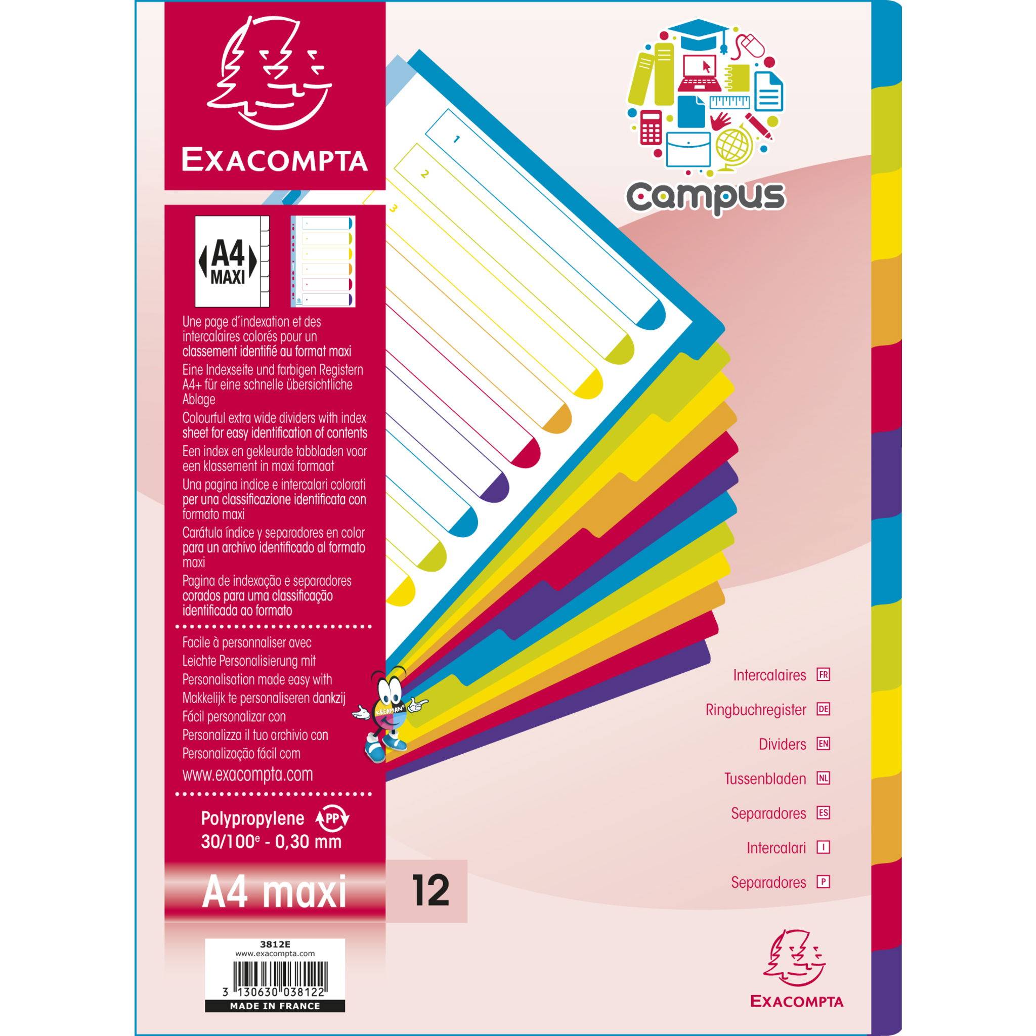Exacompta 15x Register farbigen Taben PP 300µ 12teilig A4 Maxi Transluzent 3812E