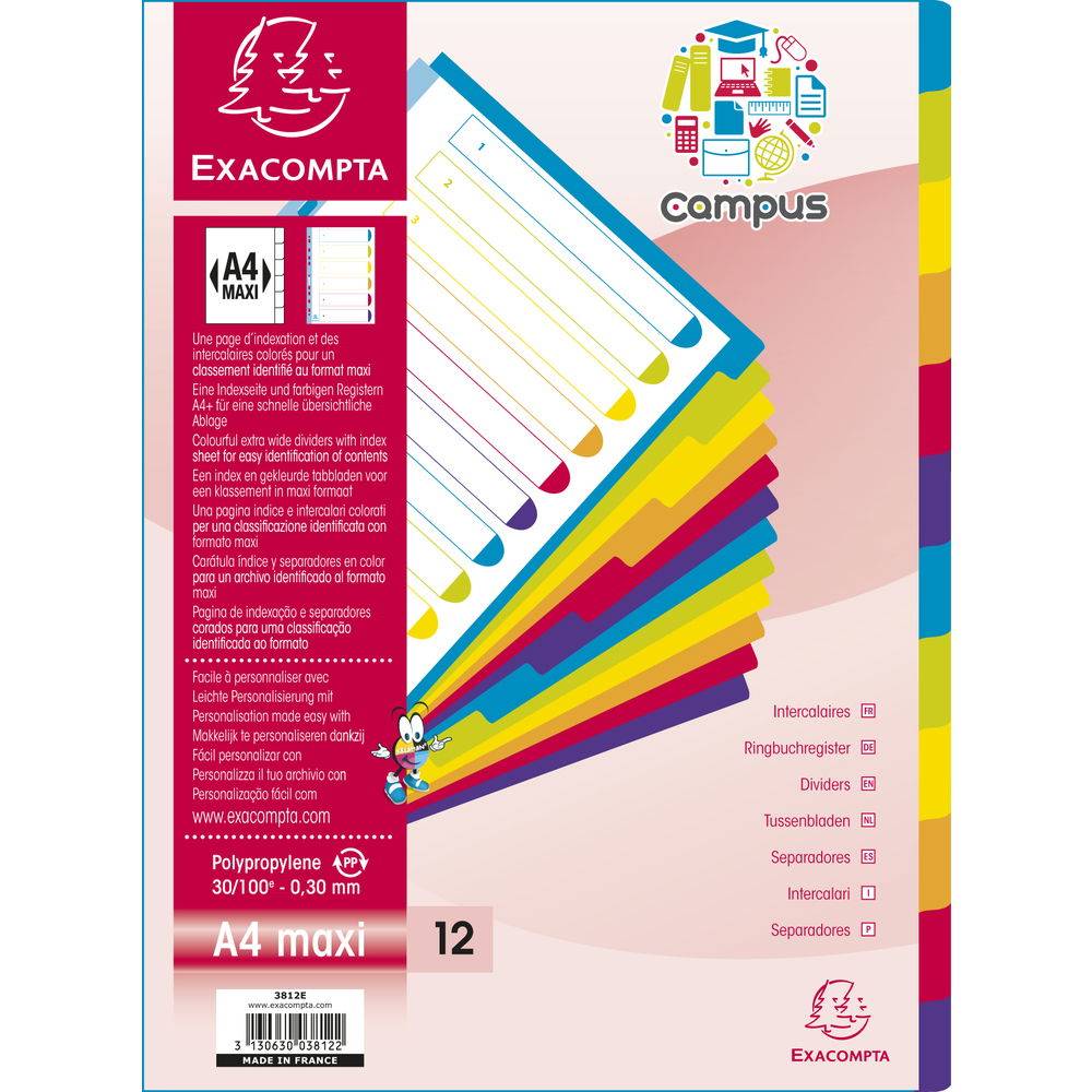 Exacompta 15x Register farbigen Taben PP 300µ 12teilig A4 Maxi Transluzent 3812E